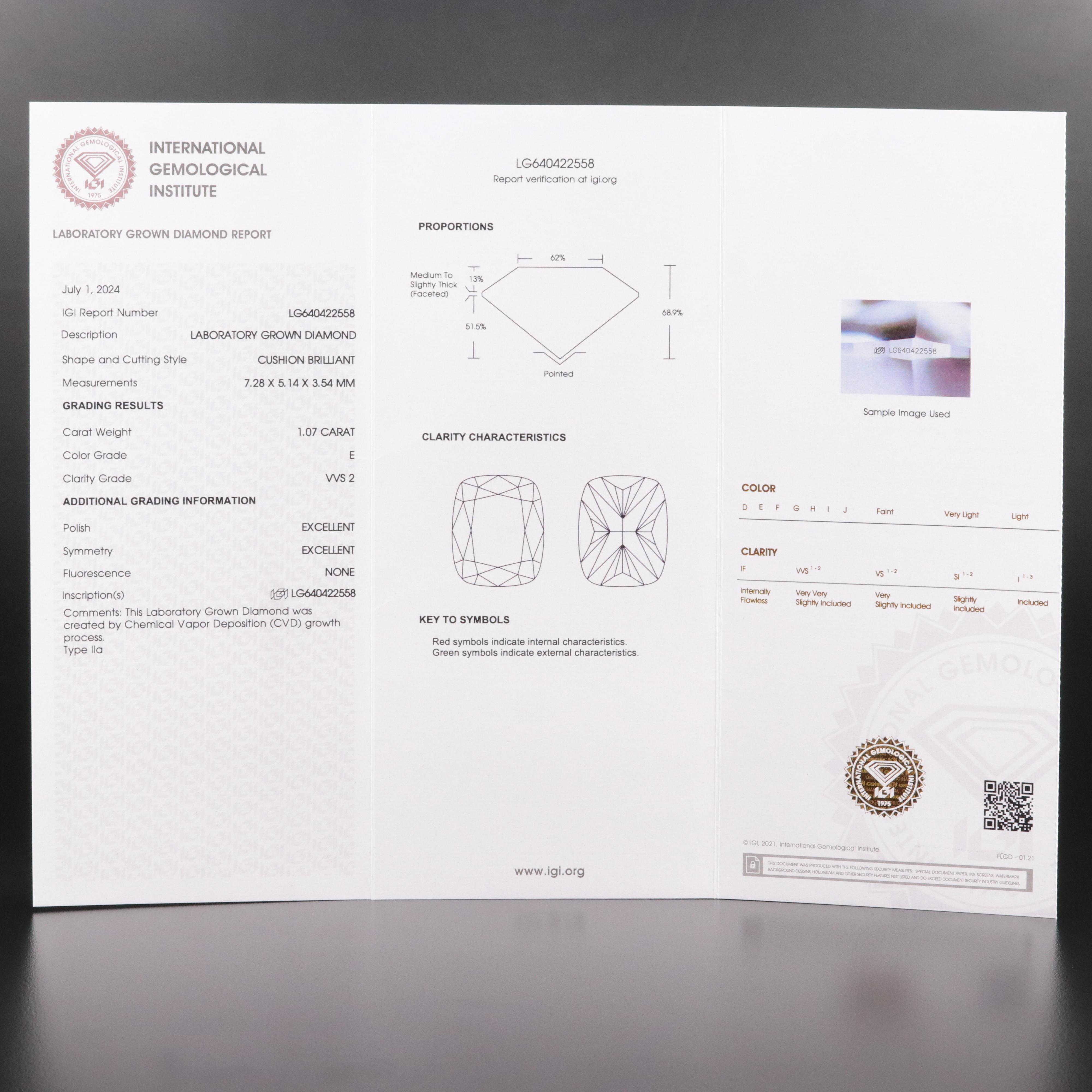Loose 1.07 CT Lab Grown Diamond with IGI Report