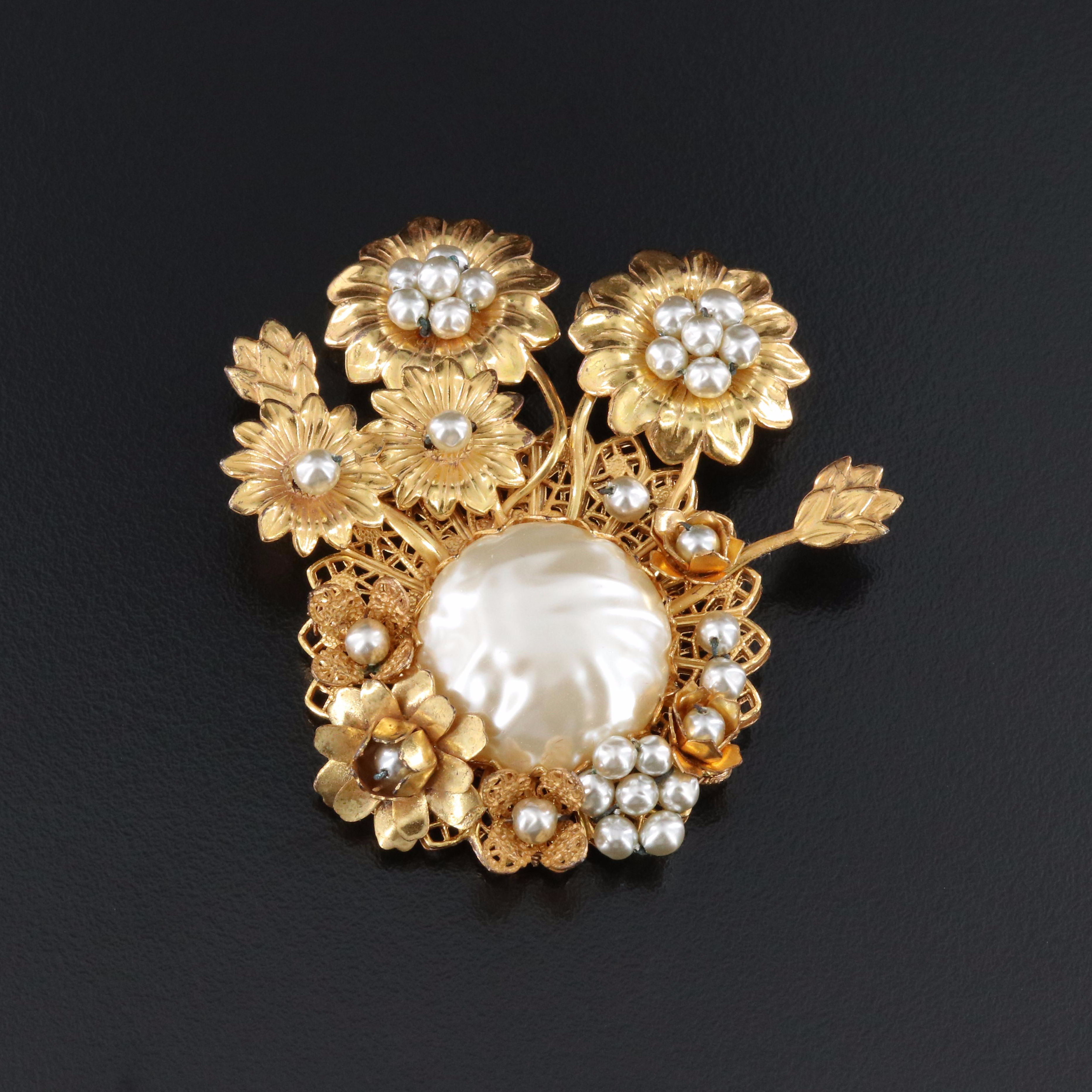 Miriam Haskell Floral Spray Faux Pearl Brooch