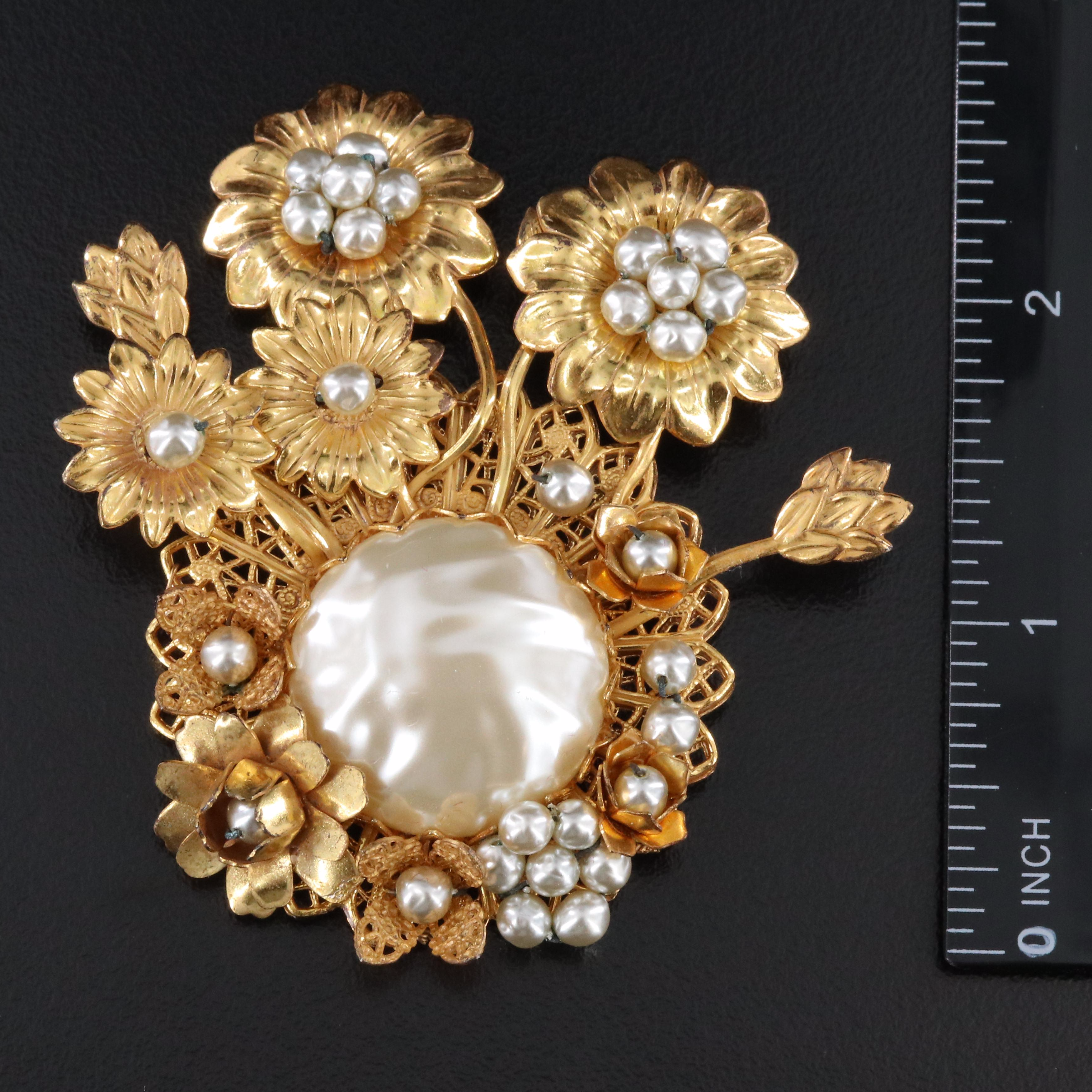 Miriam Haskell Floral Spray Faux Pearl Brooch