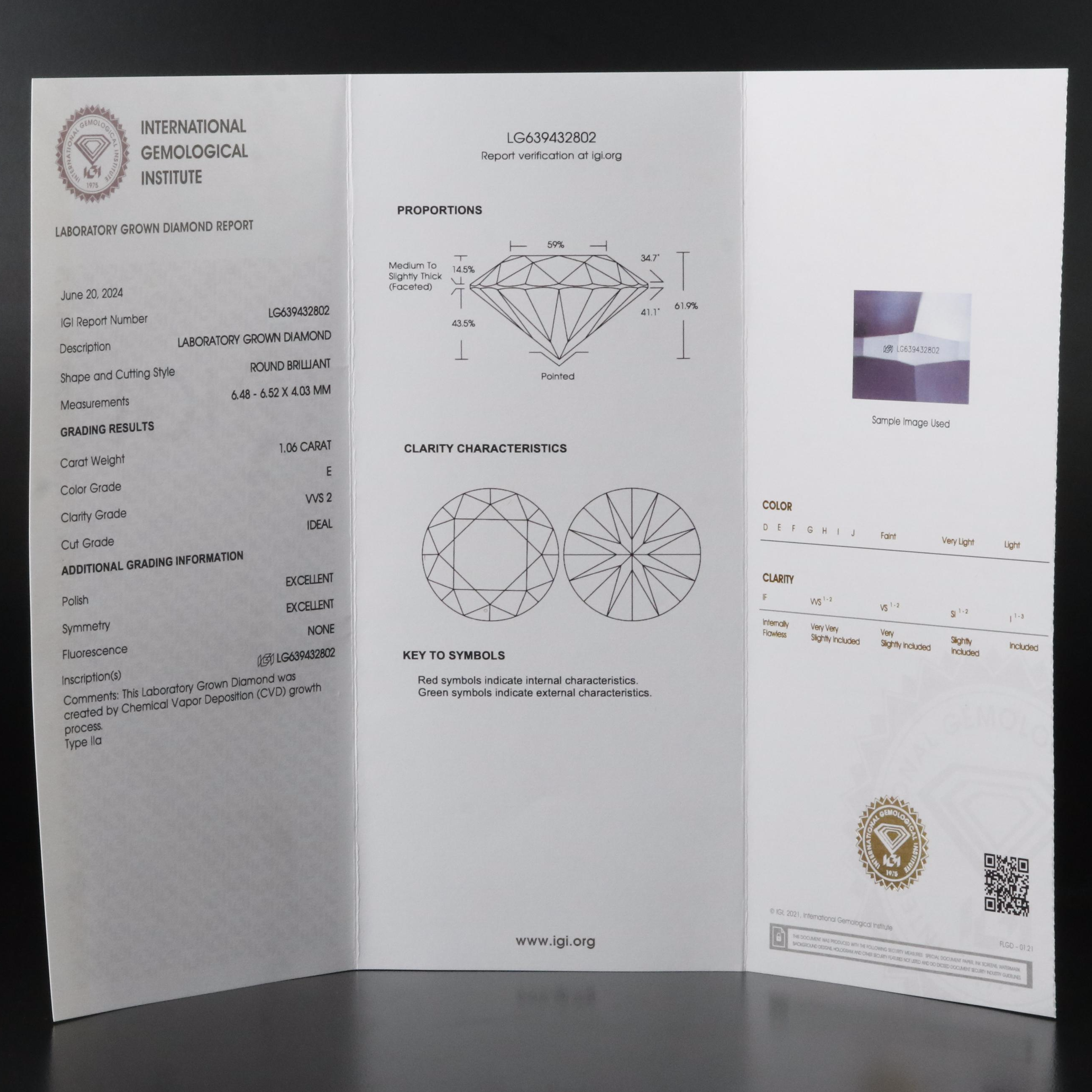 Loose 1.06 CT Lab Grown Diamond with IGI Report