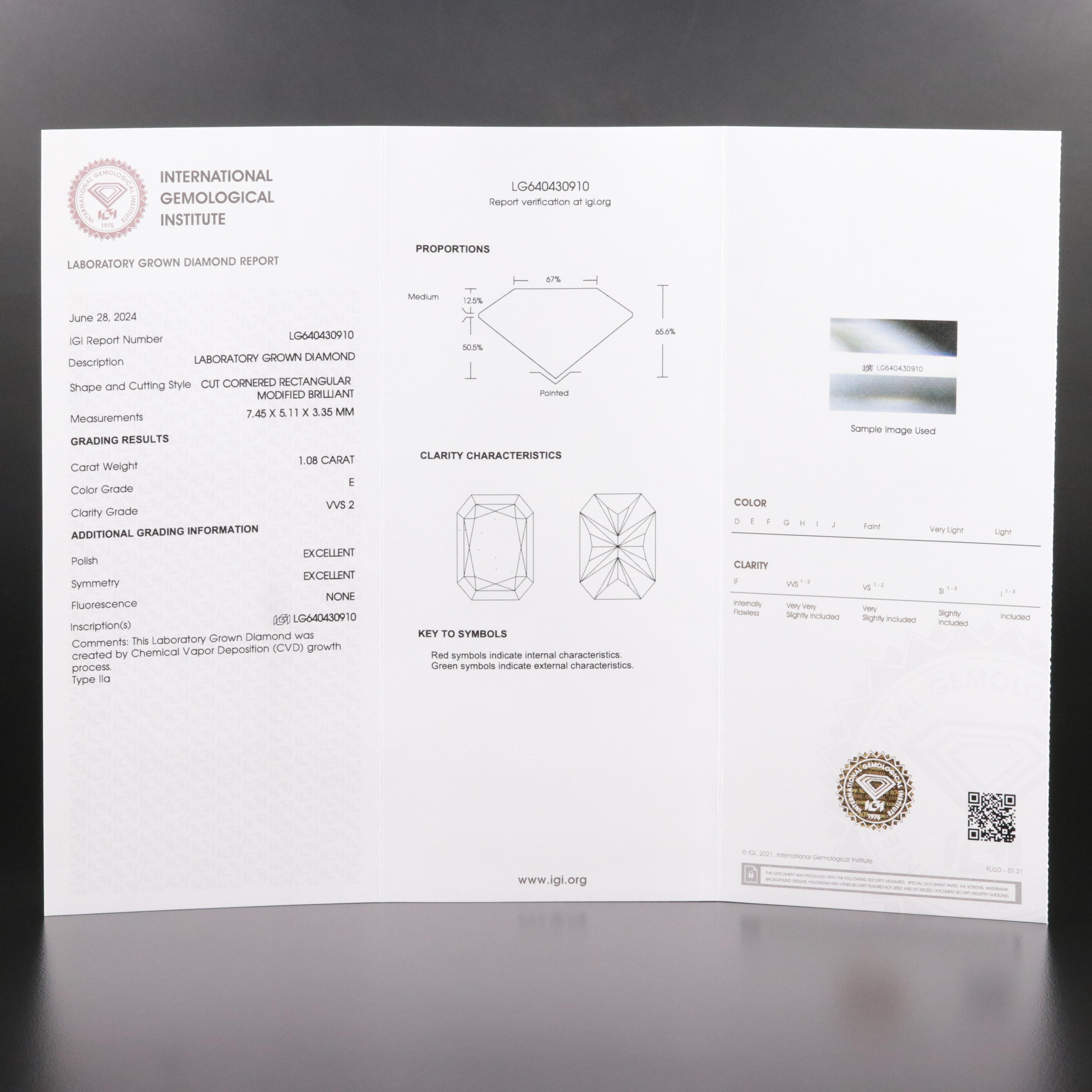 Loose 1.08 CT Lab Grown Diamond with IGI Report