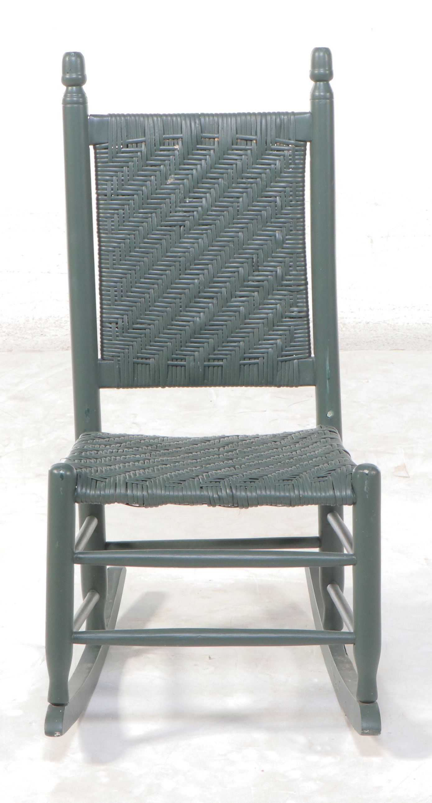 Green Painted Wood Rocking Chair with Woven Seat and Back