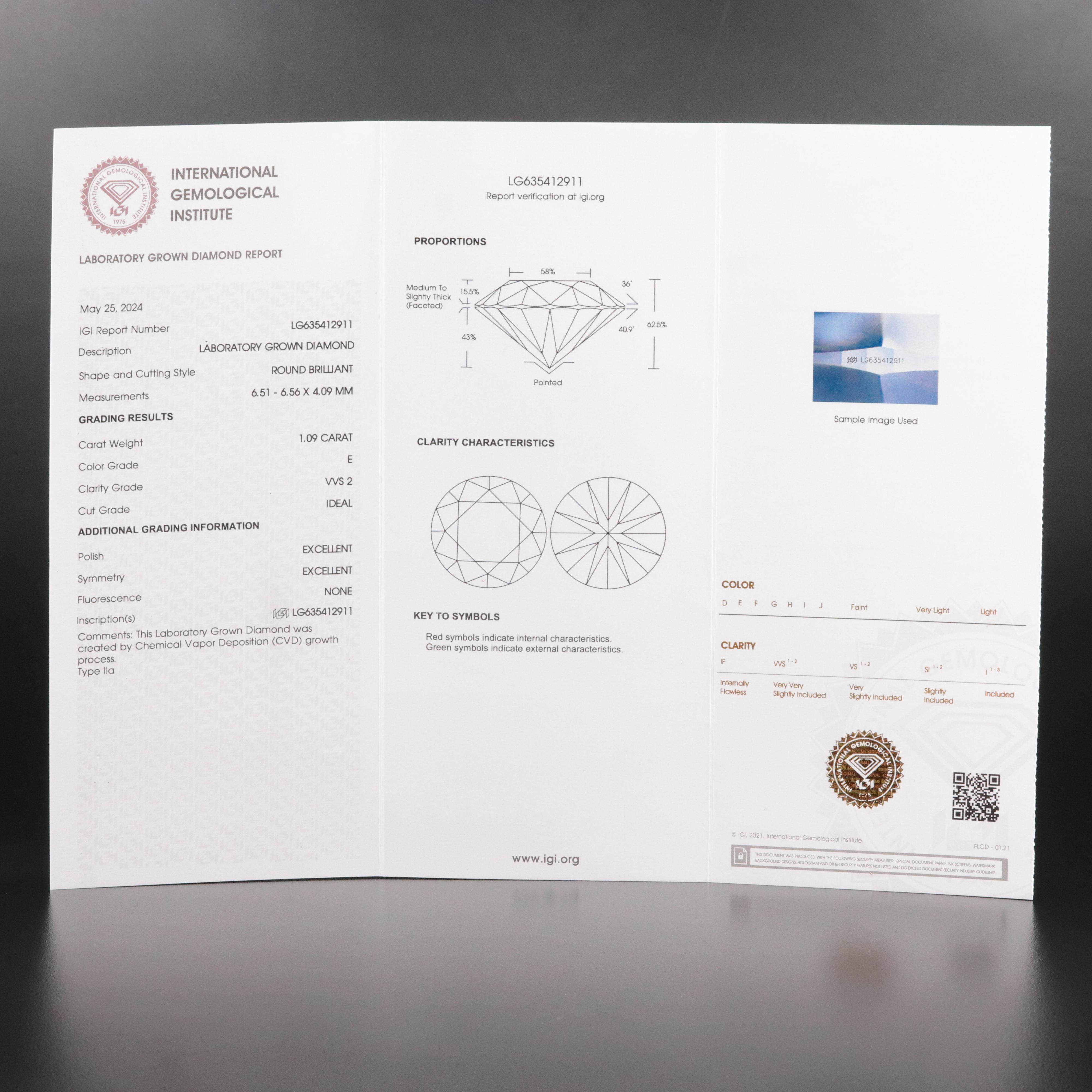 Loose 1.09 CT Lab Grown Diamond with IGI Report