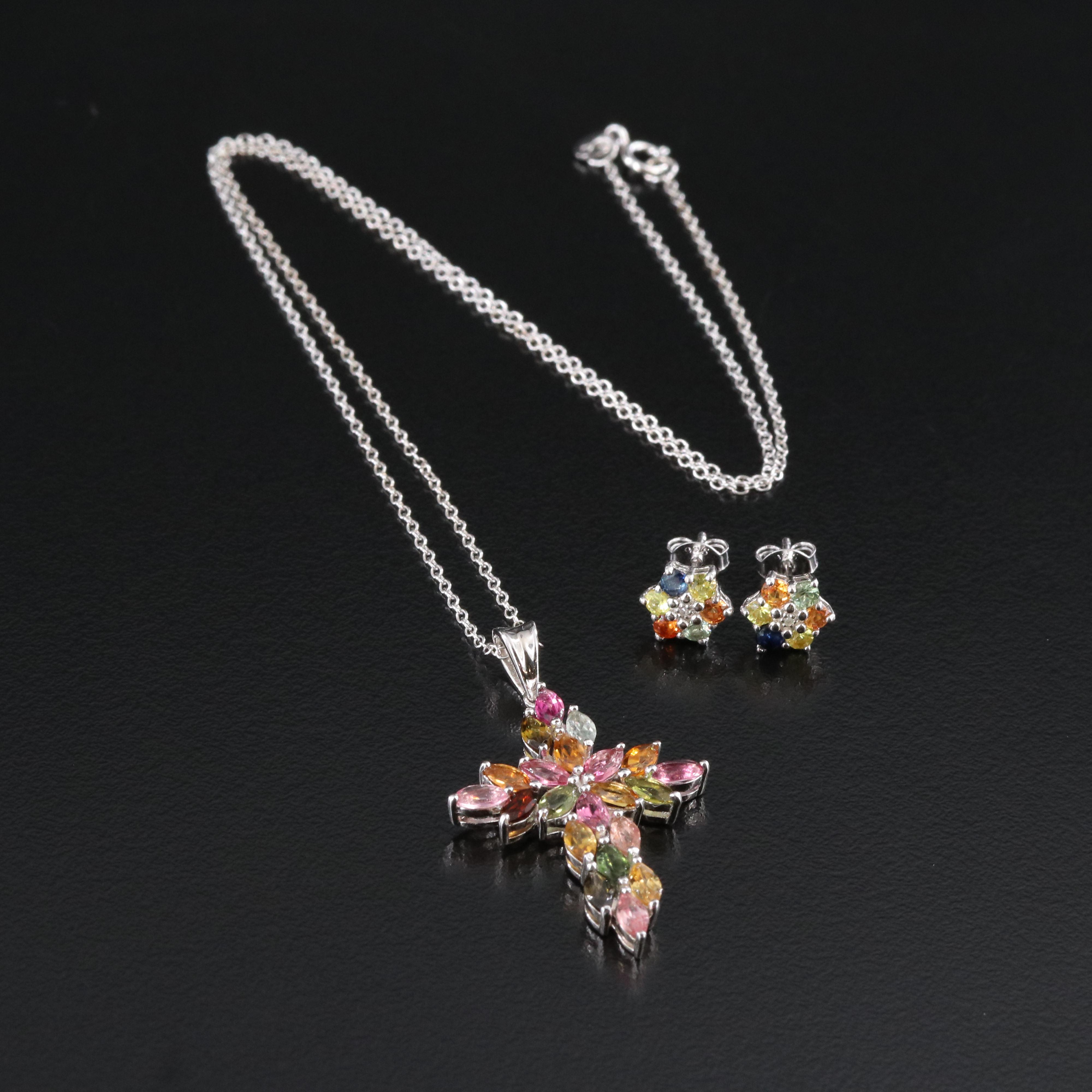 Sterling Earrings and Cross Pendant Necklace Including Sapphire and Tourmaline