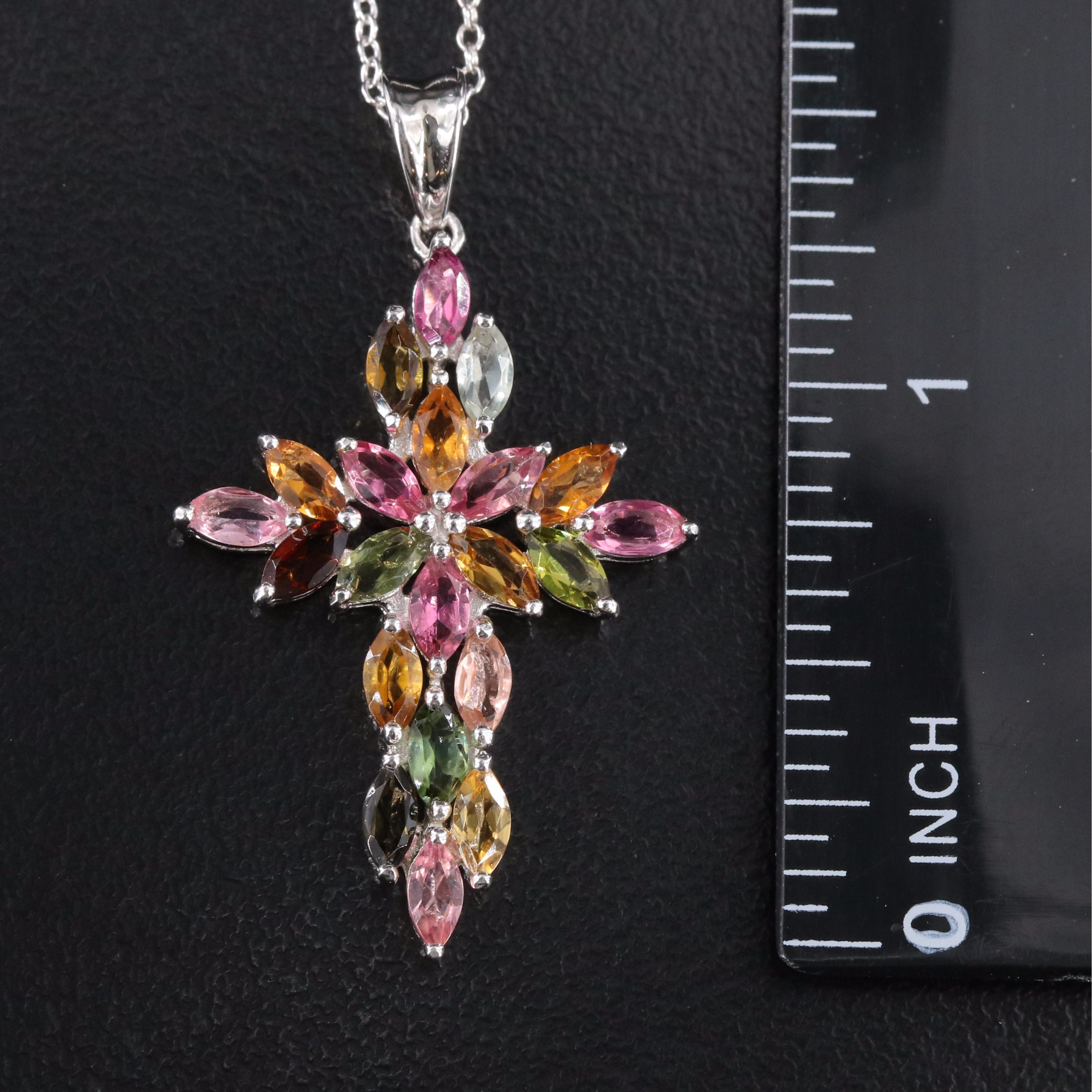 Sterling Earrings and Cross Pendant Necklace Including Sapphire and Tourmaline