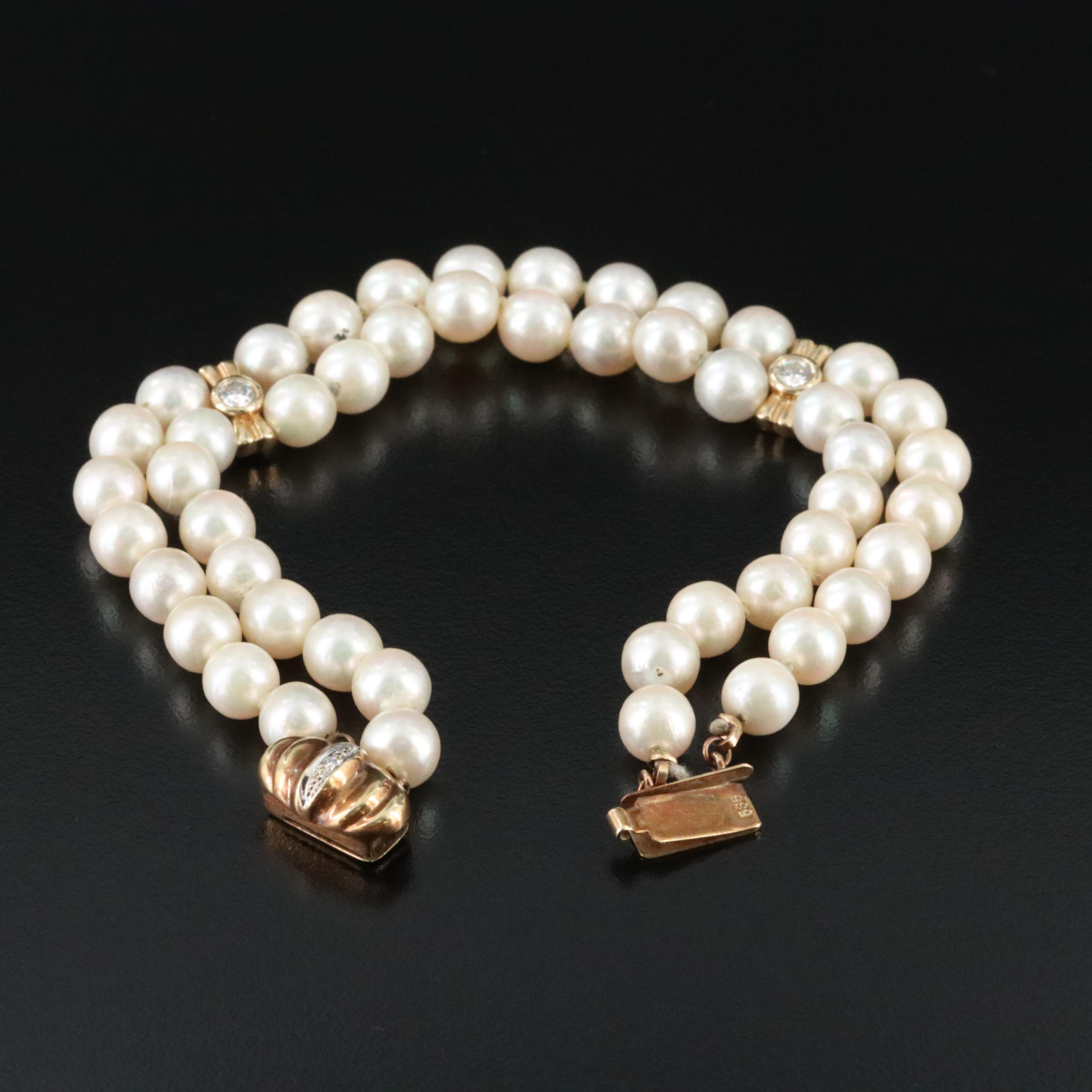 14K Pearl and Diamond Double Strand Bracelet