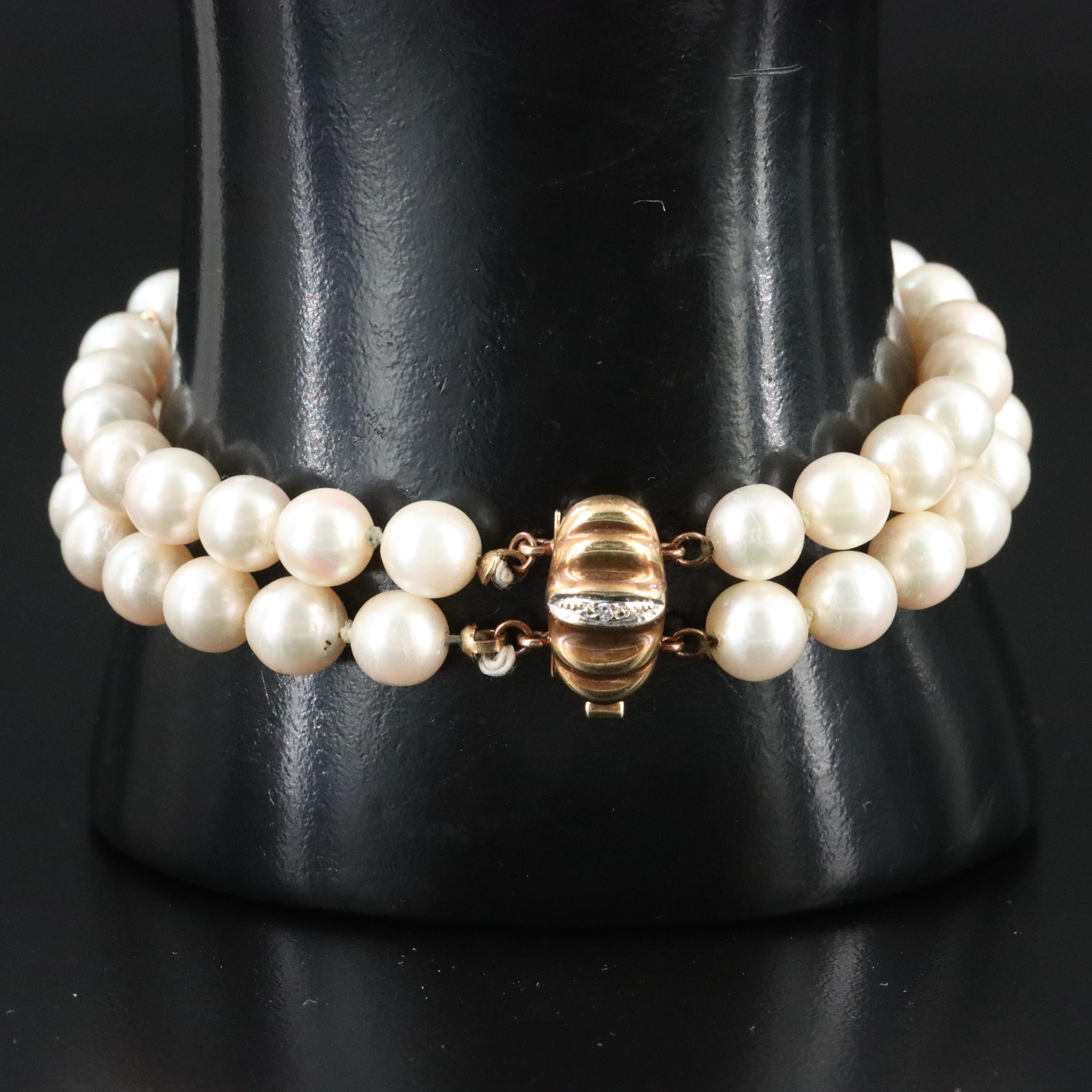 14K Pearl and Diamond Double Strand Bracelet