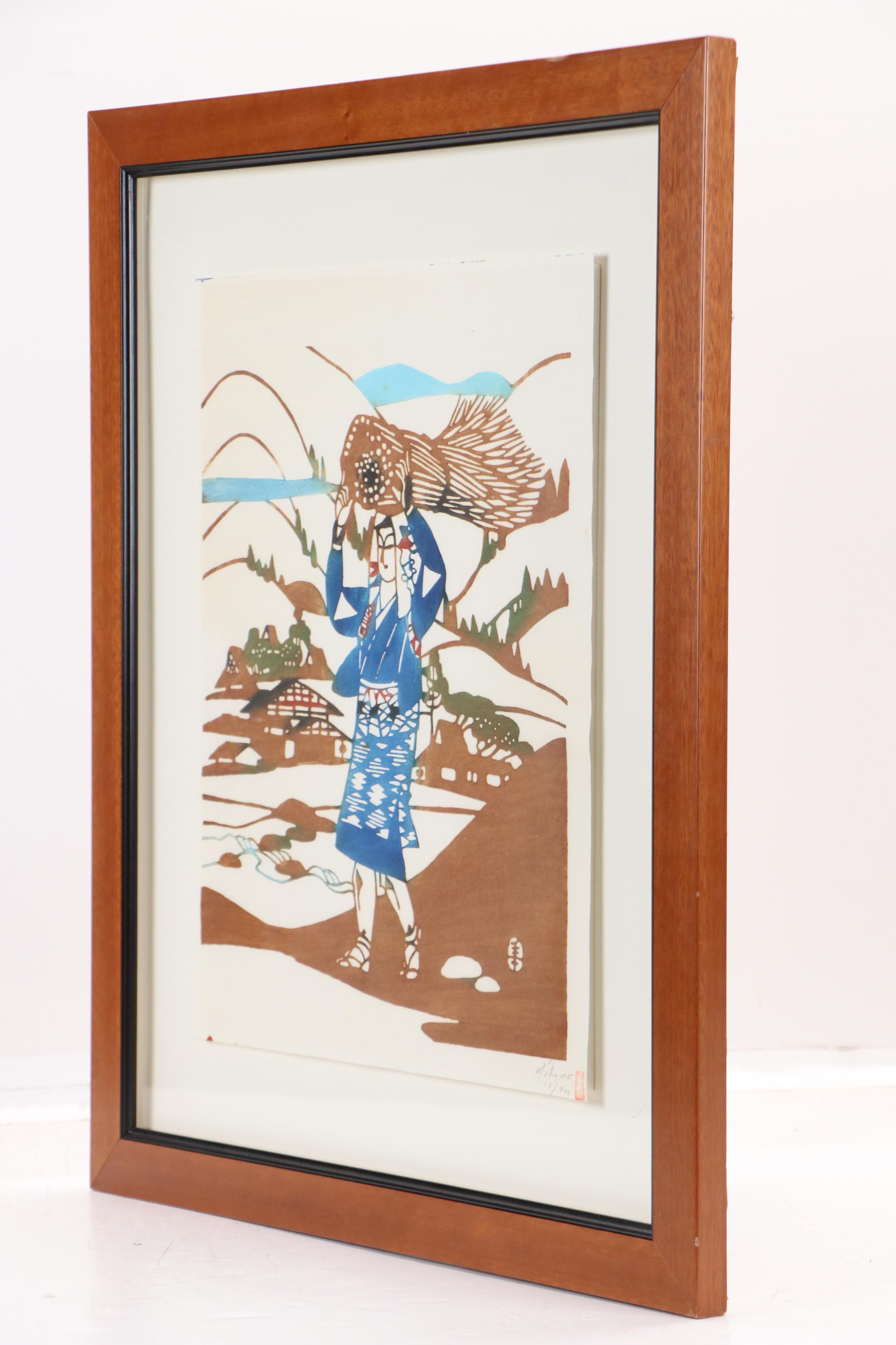 Mikumo Woodblock Print of Woman Carrying Straw Bushel, 20th Century