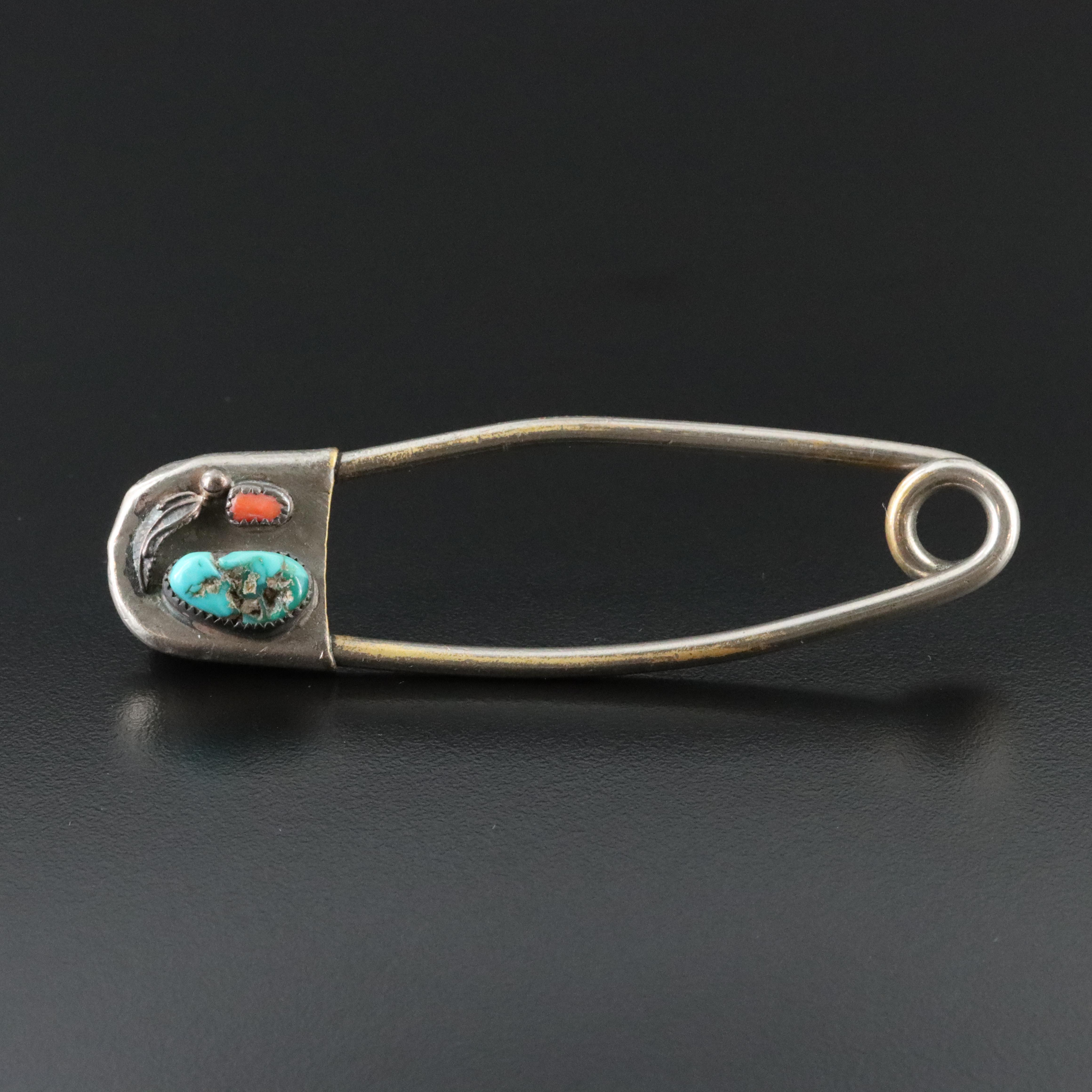 Western Style Turquoise and Coral Safety Pin