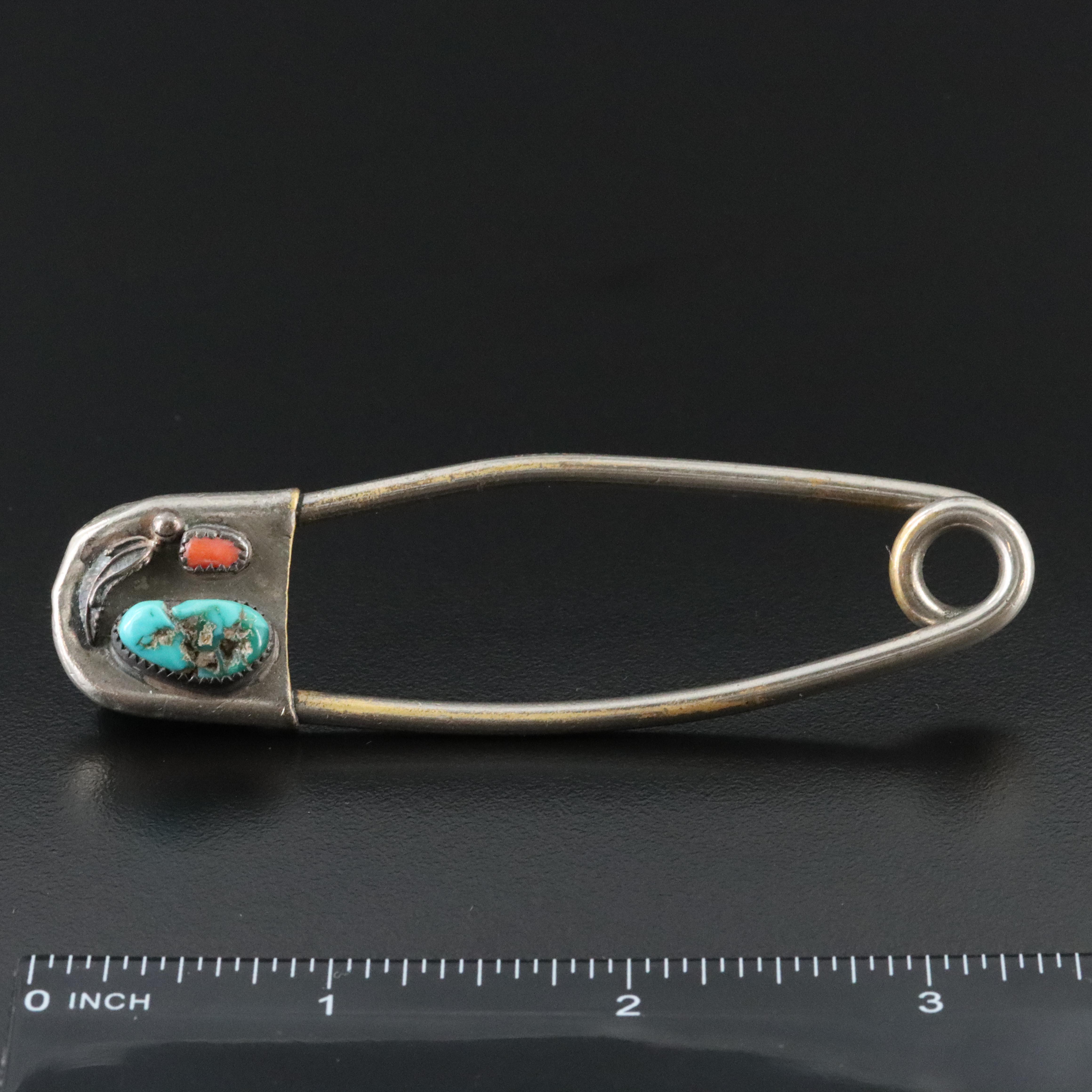 Western Style Turquoise and Coral Safety Pin