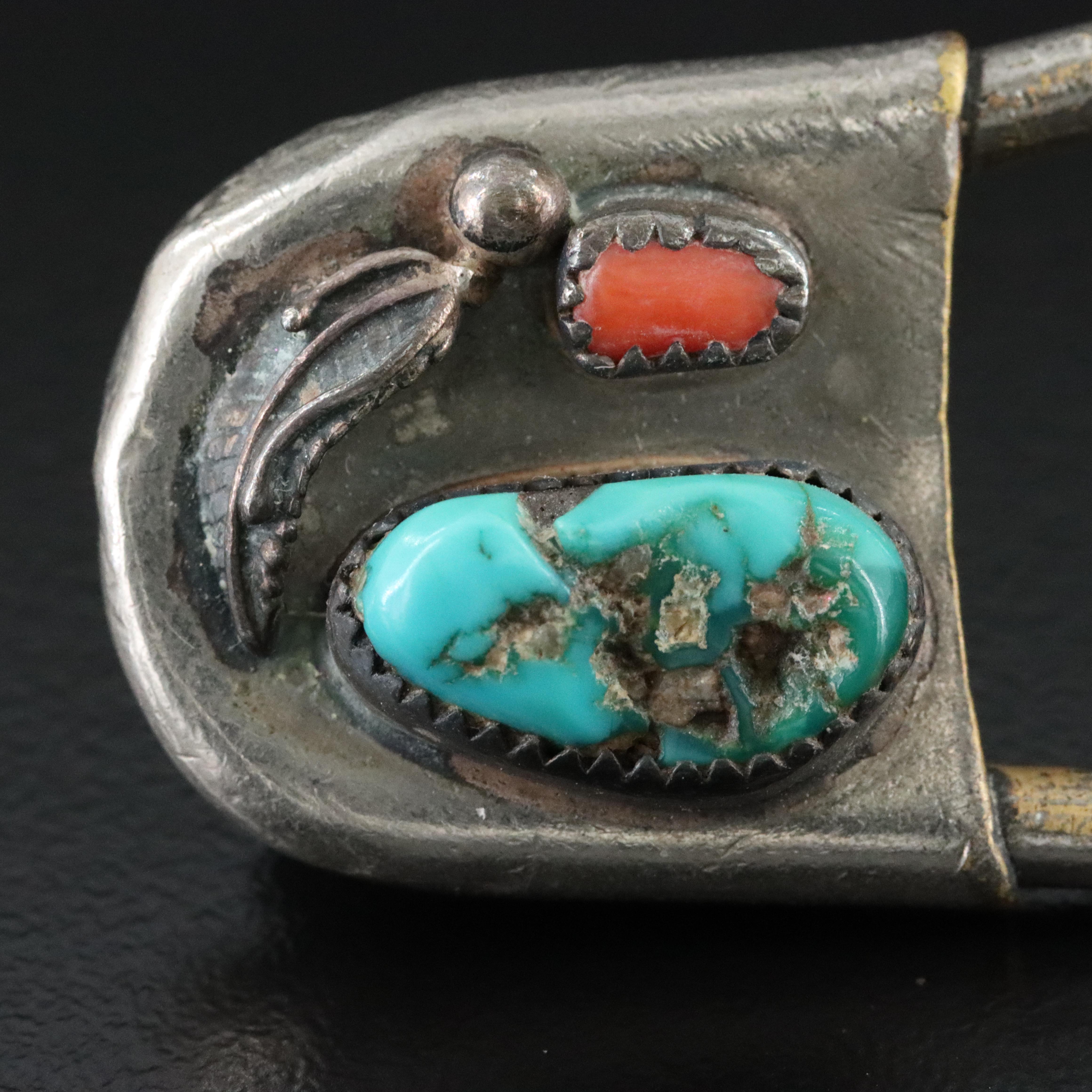 Western Style Turquoise and Coral Safety Pin