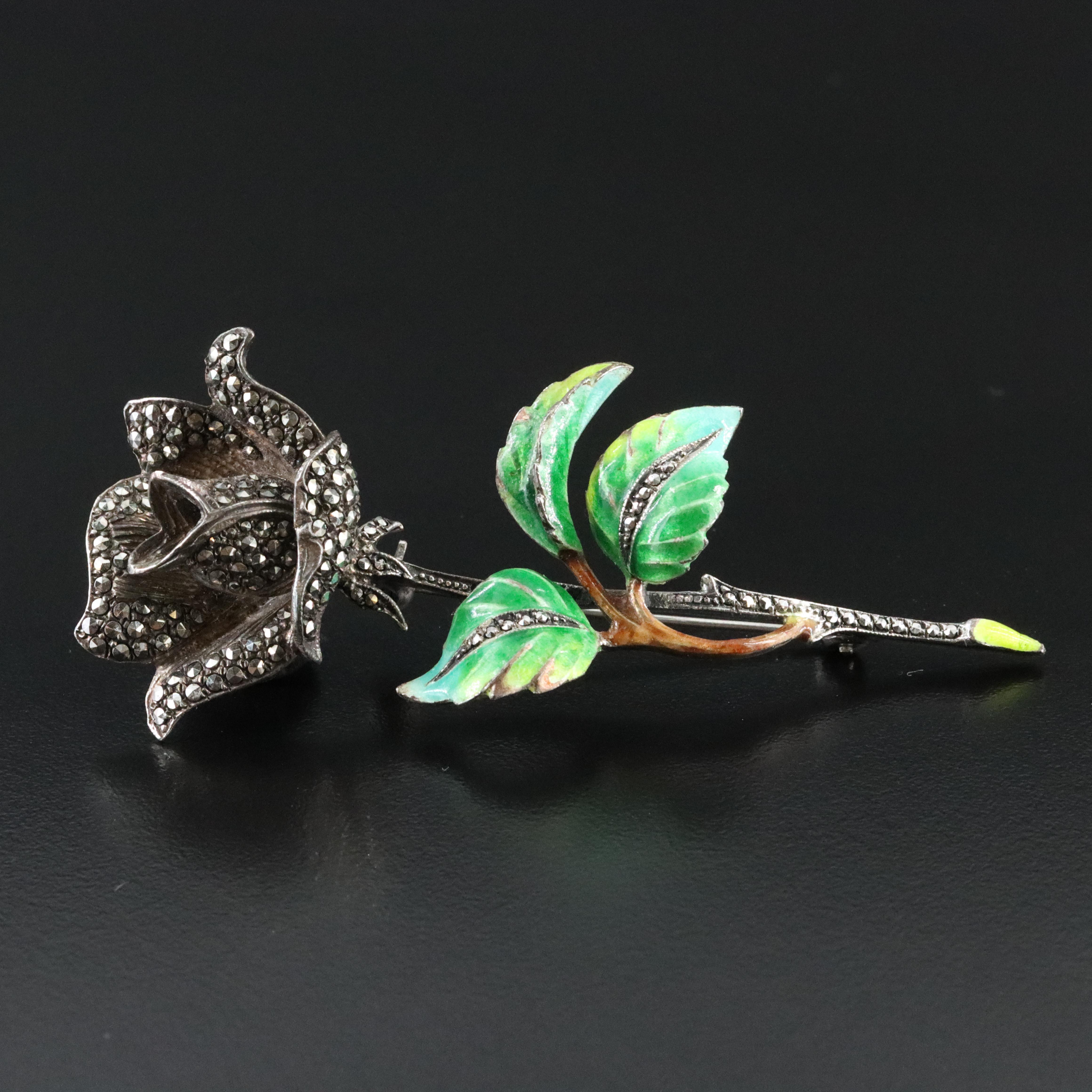 Sterling Marcasite and Enamel Floral Brooch