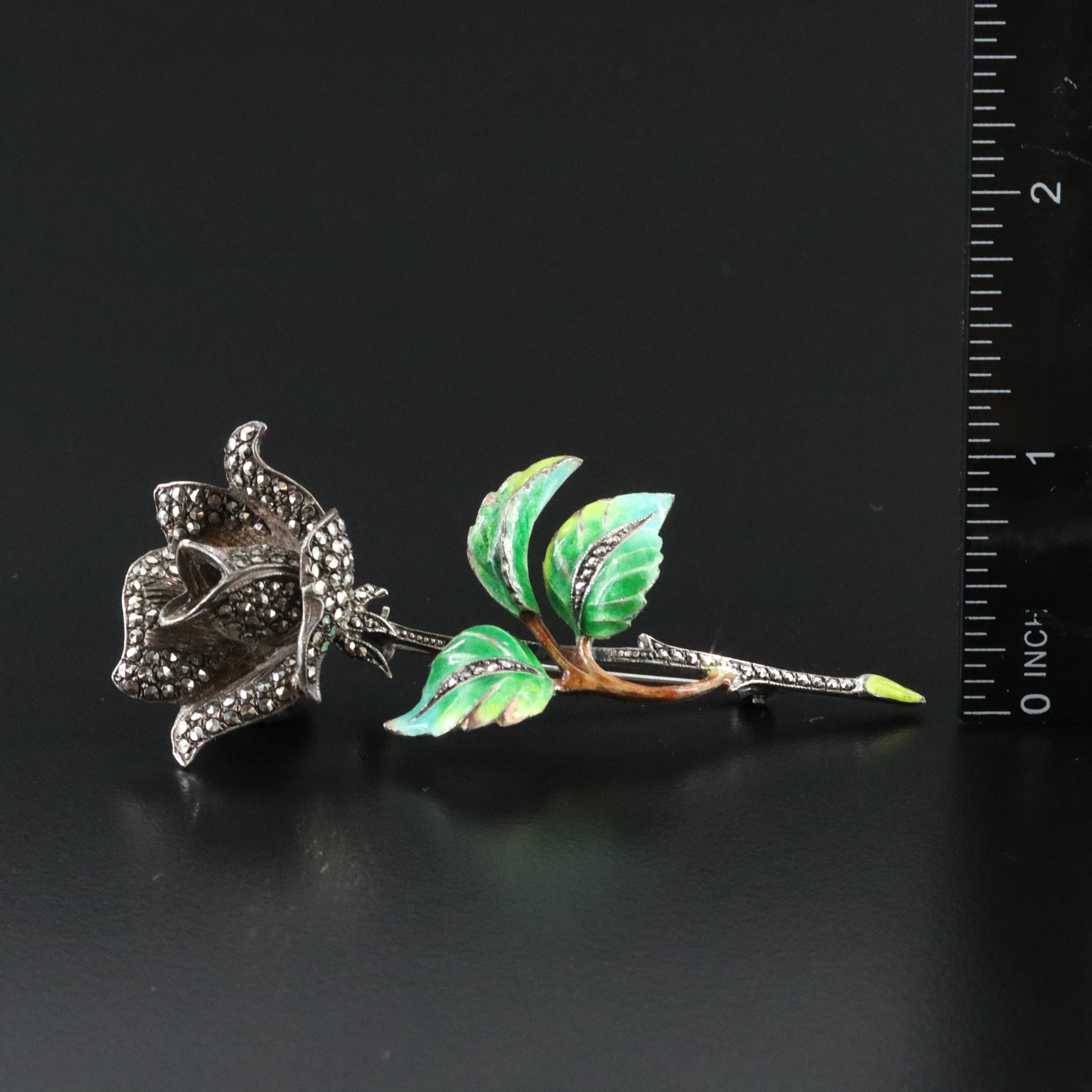 Sterling Marcasite and Enamel Floral Brooch
