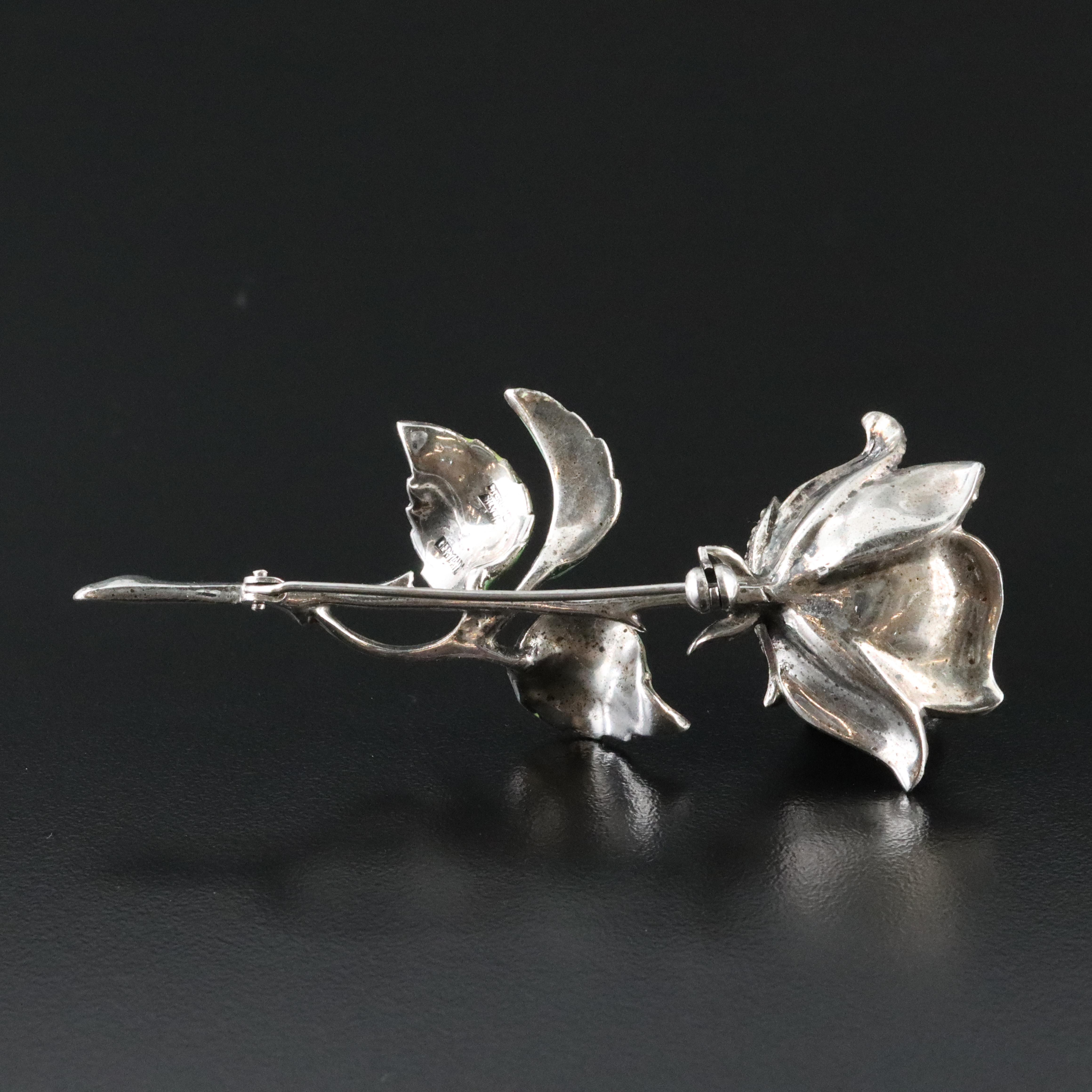 Sterling Marcasite and Enamel Floral Brooch