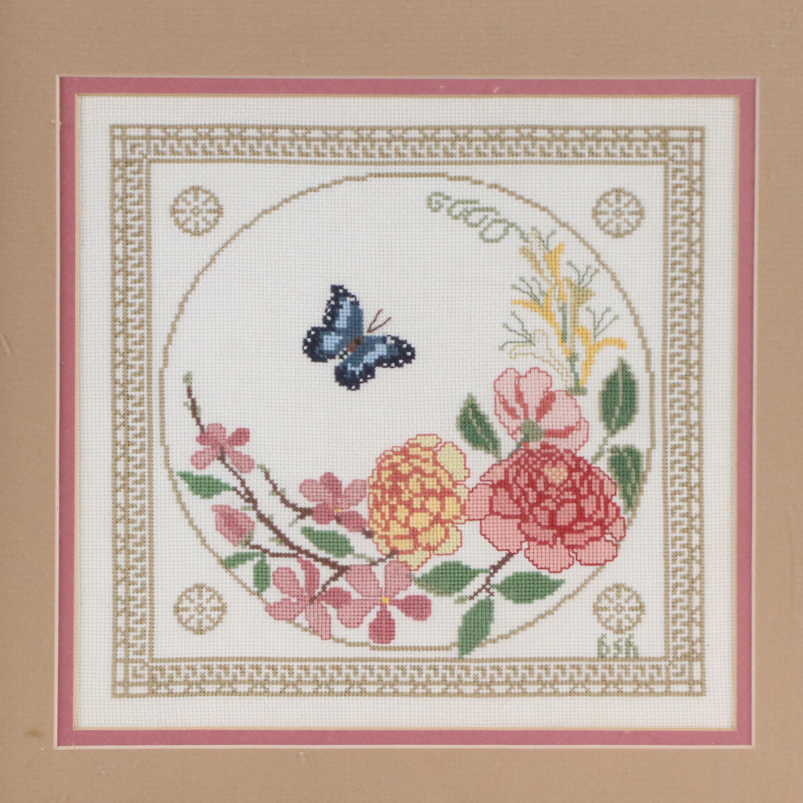 Floral Cross-Stitch Embroidery Panel with Butterfly, Late 20th–21st Century