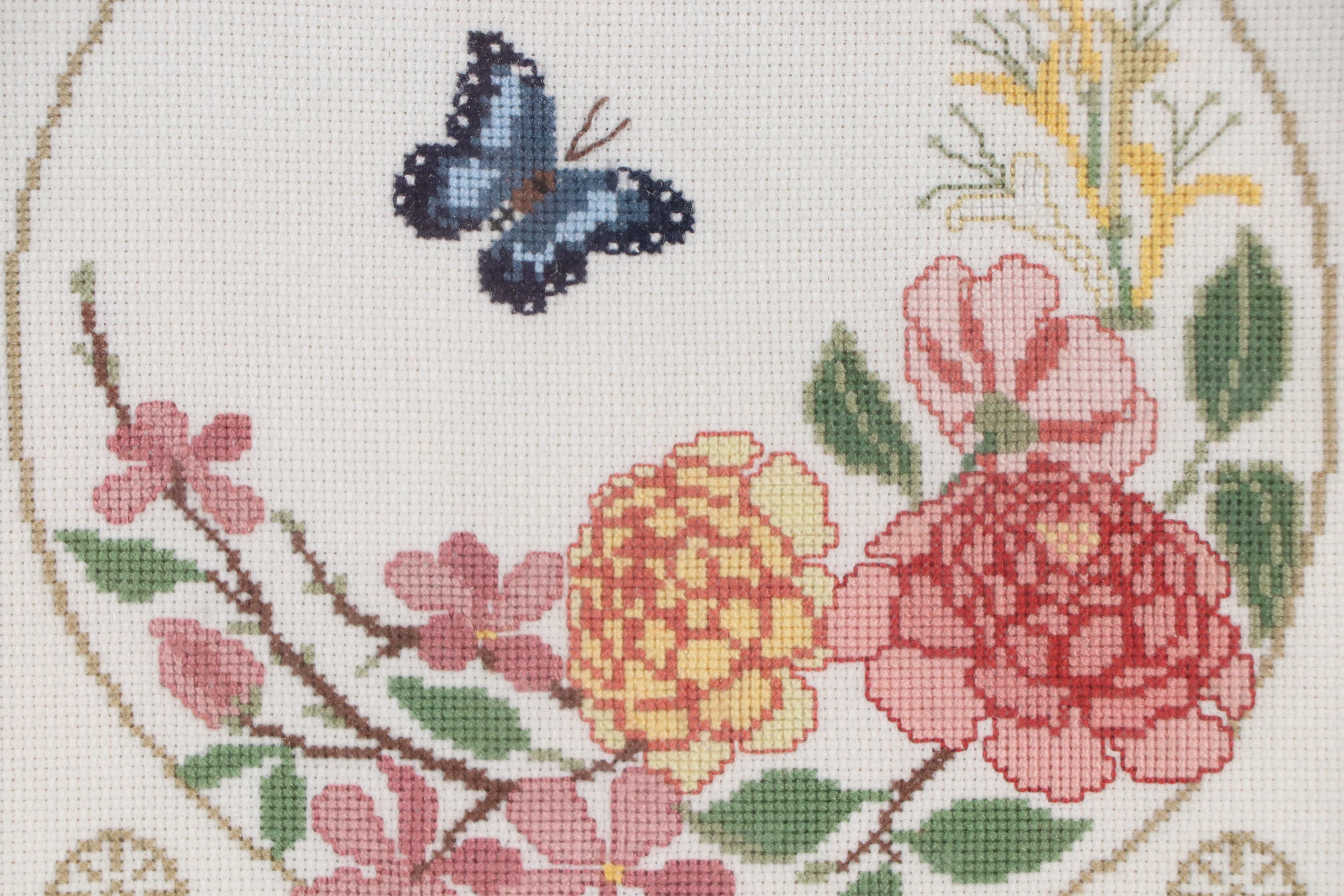 Floral Cross-Stitch Embroidery Panel with Butterfly, Late 20th–21st Century