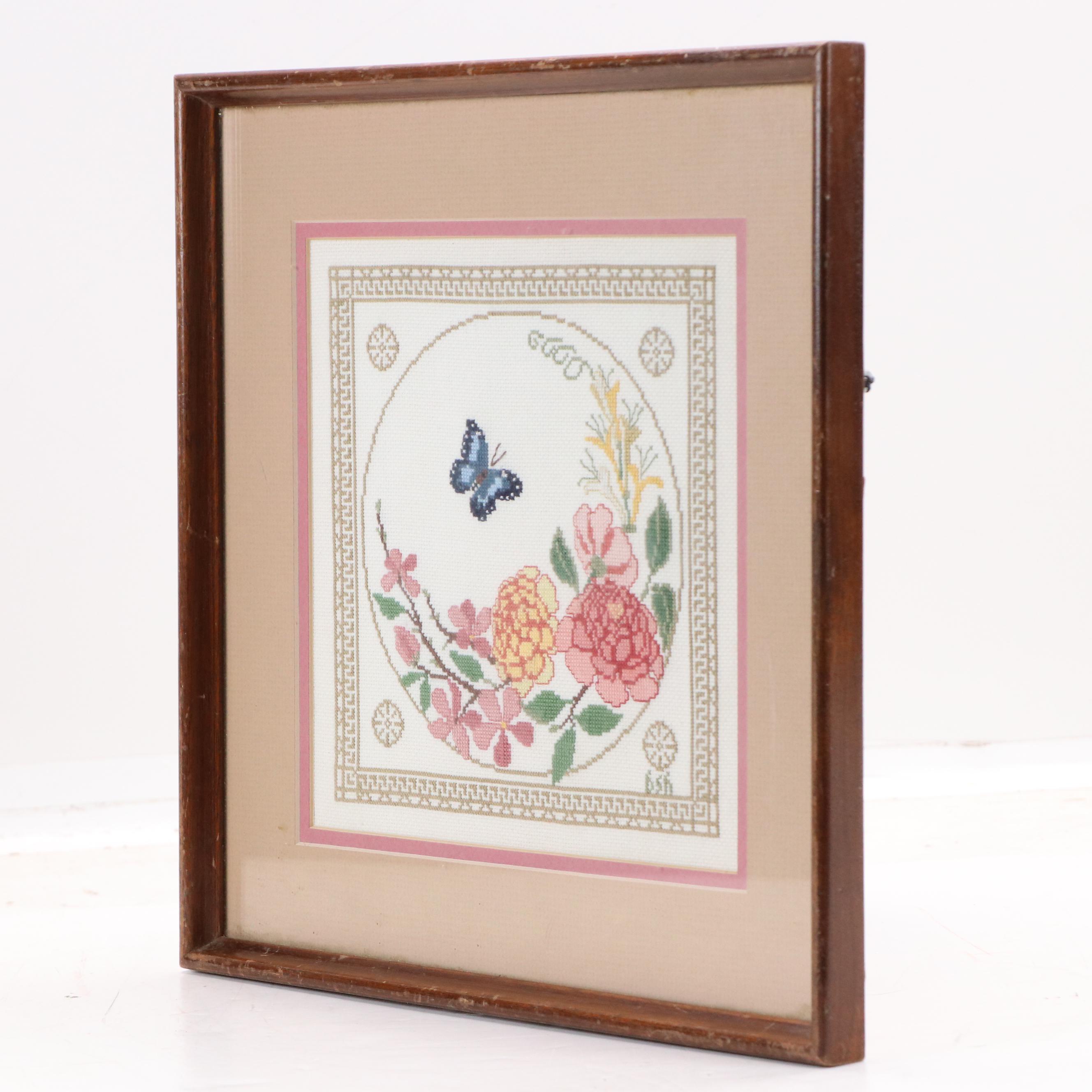 Floral Cross-Stitch Embroidery Panel with Butterfly, Late 20th–21st Century