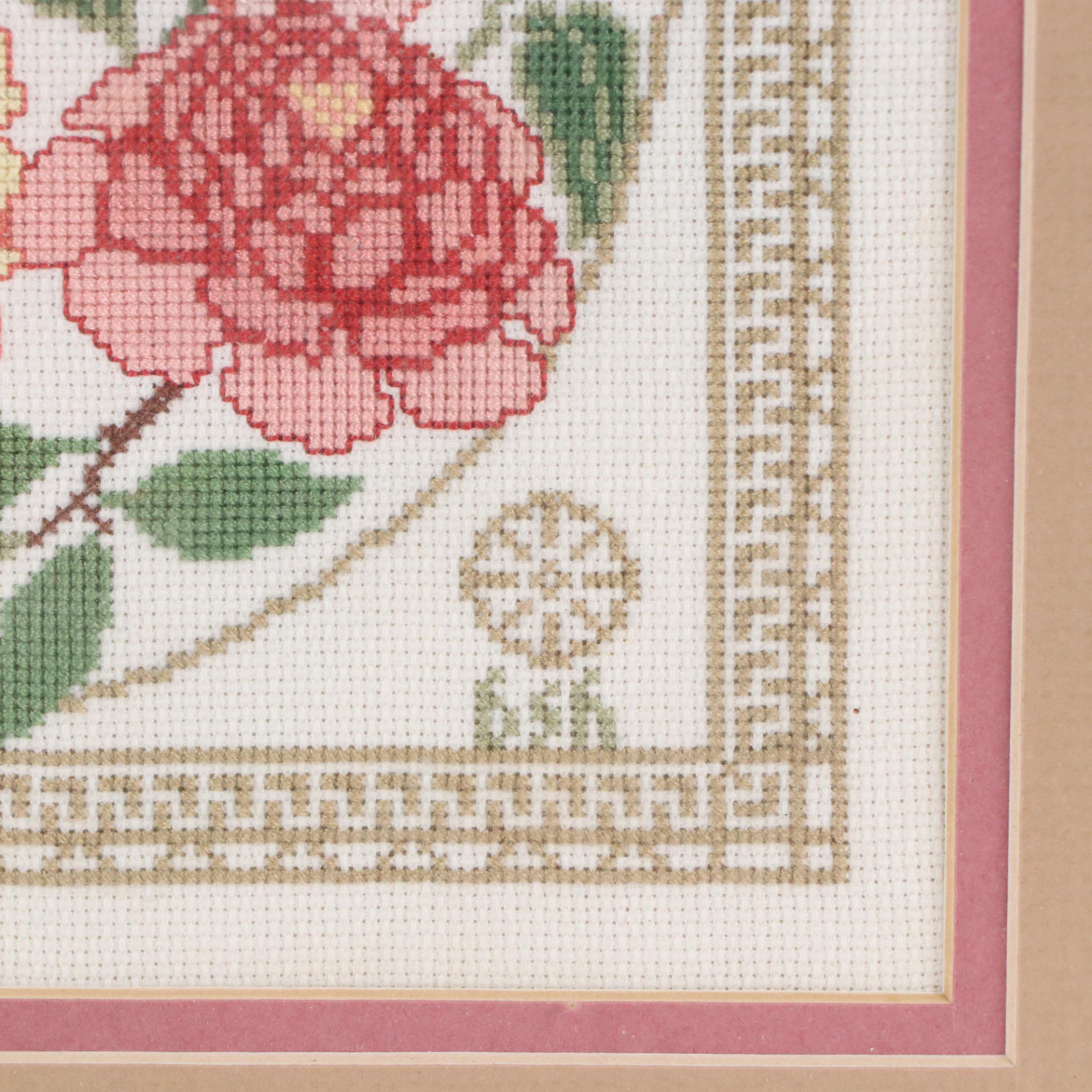 Floral Cross-Stitch Embroidery Panel with Butterfly, Late 20th–21st Century