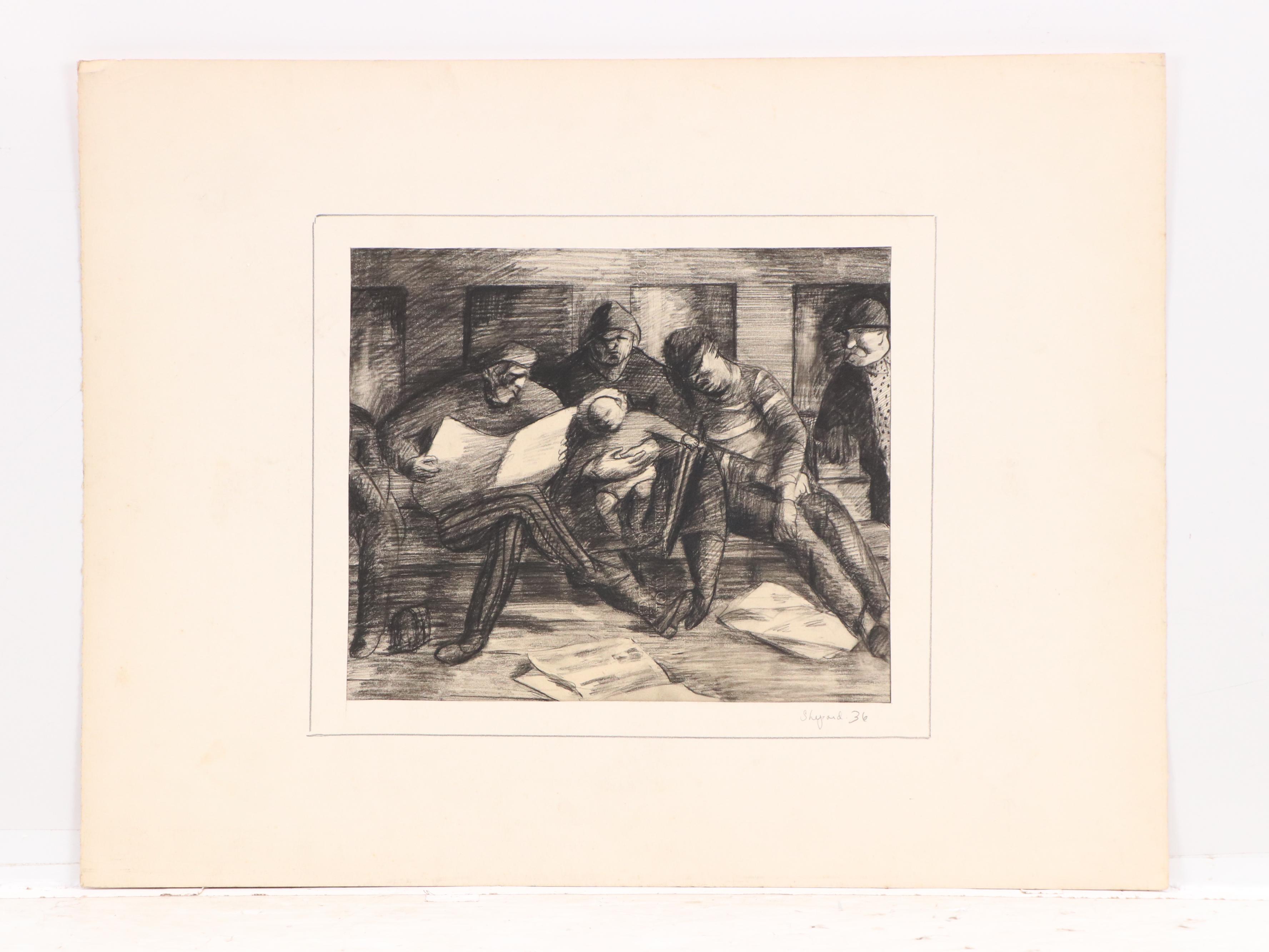 Harvey Shepard Charcoal Drawing of Subway Scene and Other Ink Drawing, 1936