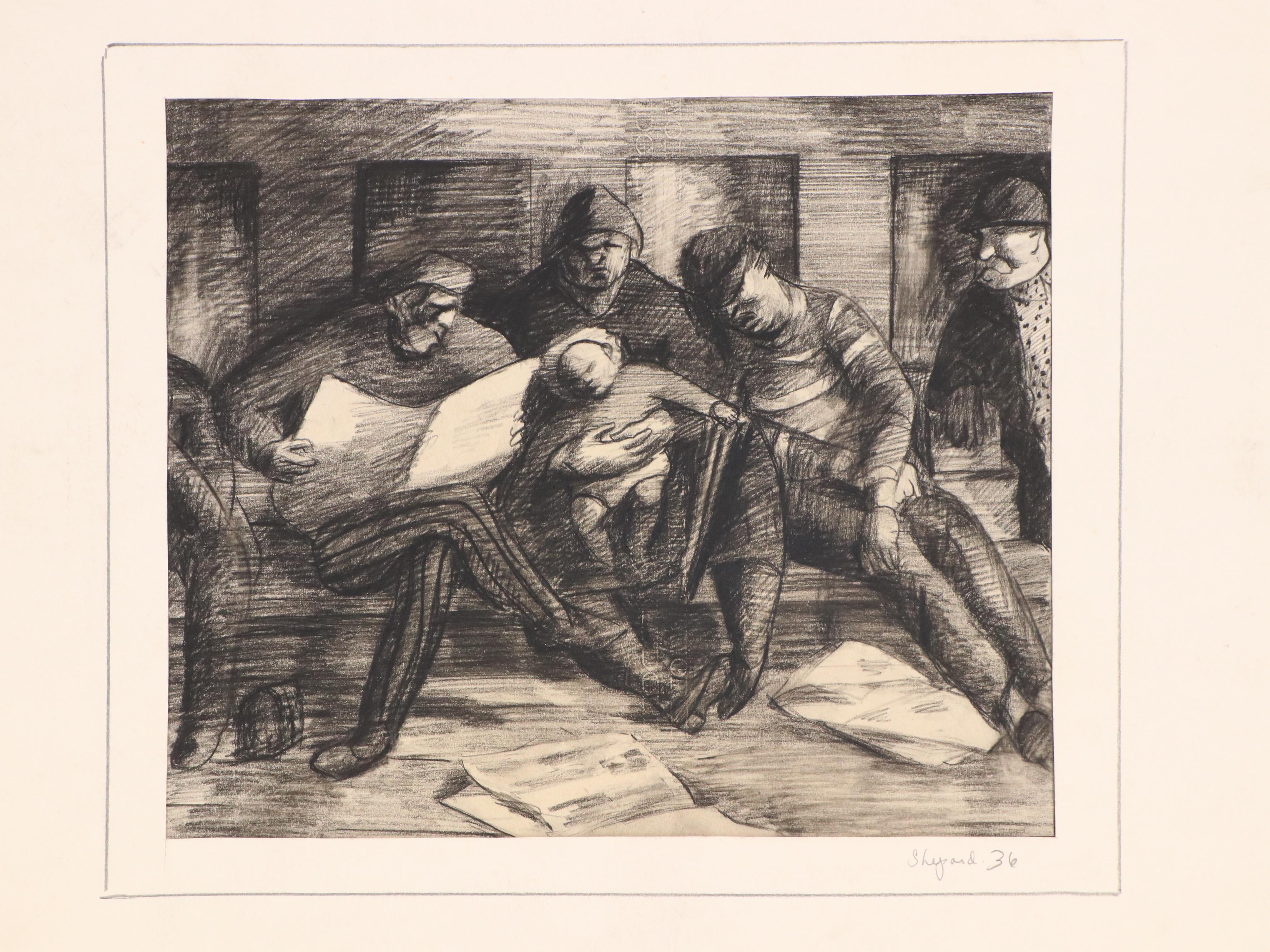 Harvey Shepard Charcoal Drawing of Subway Scene and Other Ink Drawing, 1936