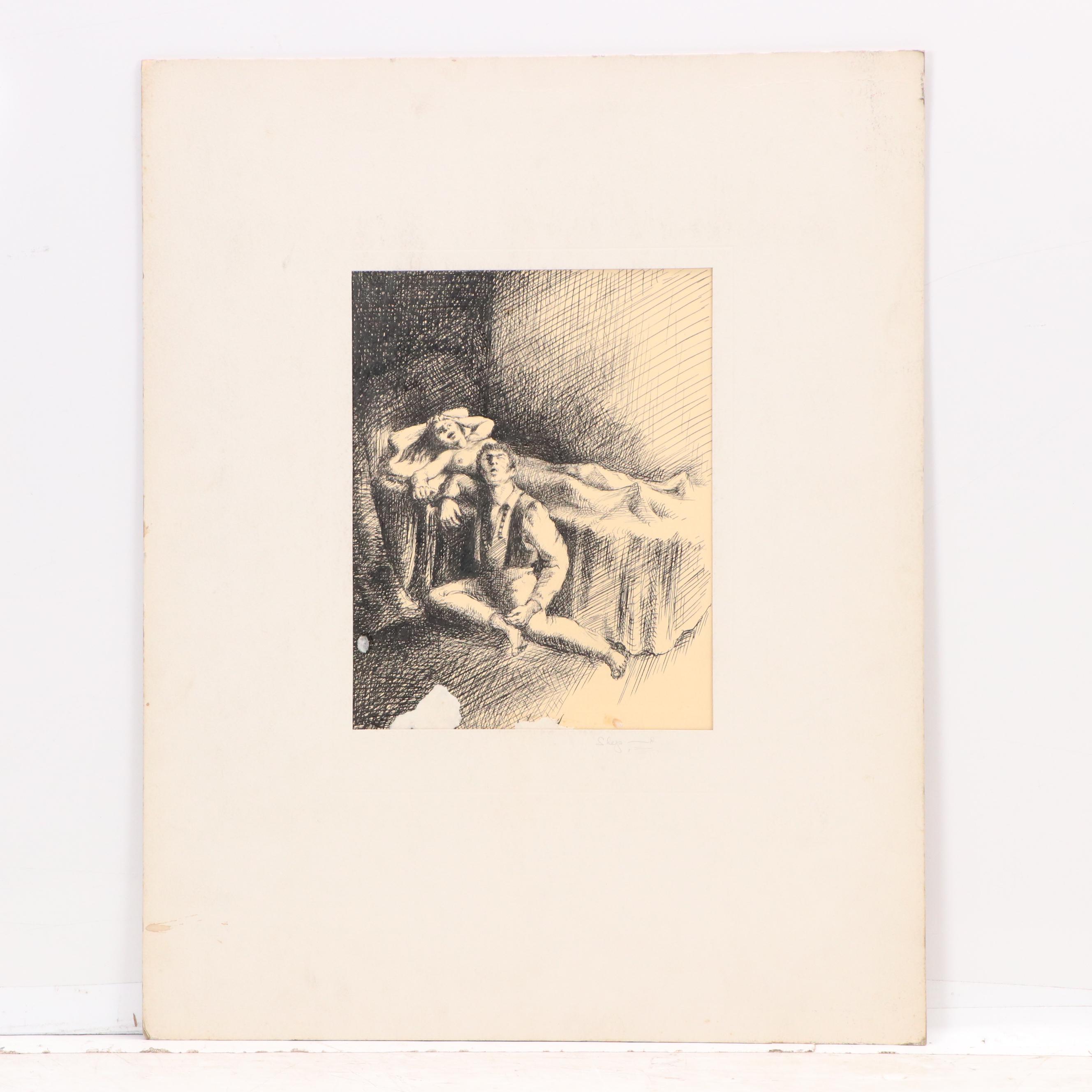 Harvey Shepard Charcoal Drawing of Subway Scene and Other Ink Drawing, 1936