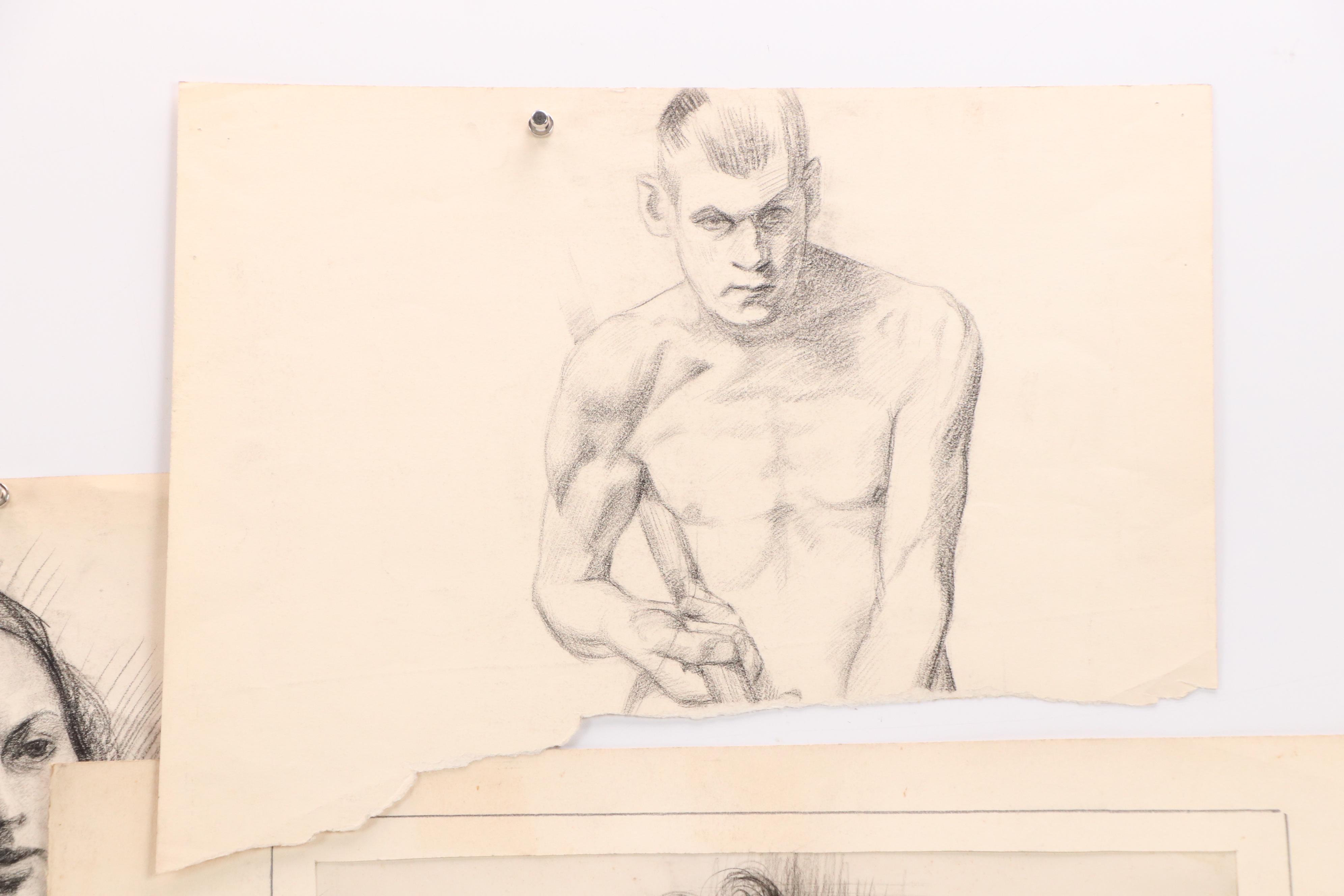 Harvey Shepard Charcoal Portrait of Man Eating and Other Nude Drawings, 1936