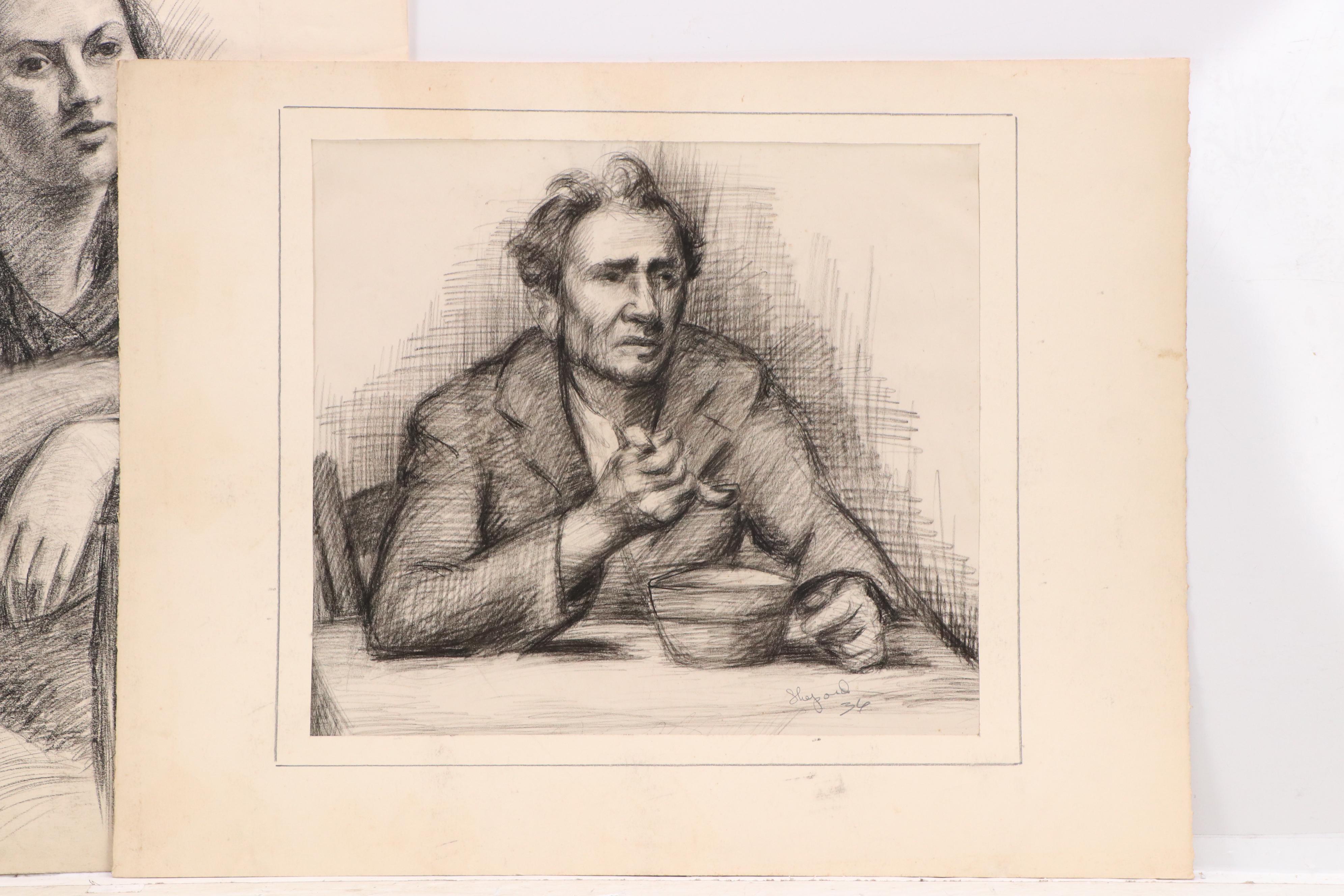 Harvey Shepard Charcoal Portrait of Man Eating and Other Nude Drawings, 1936