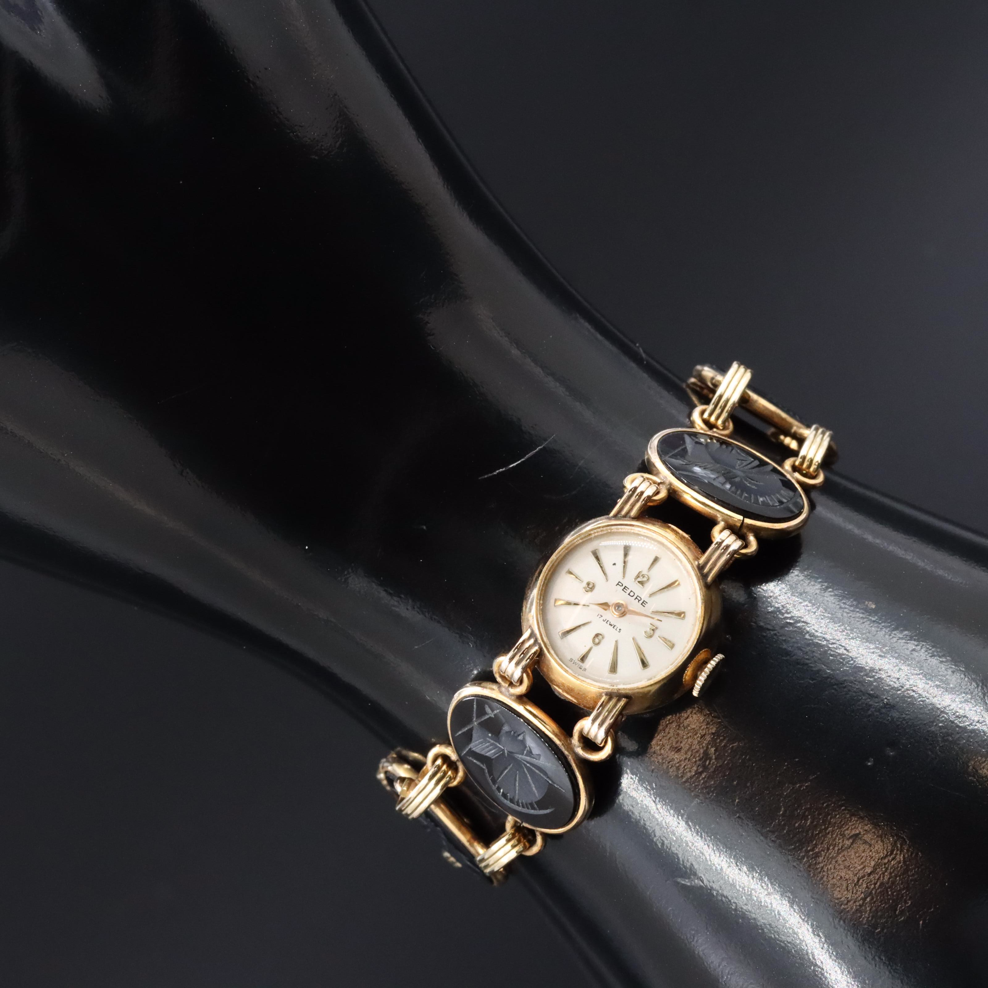 Pedre Gold Plate and Gold Filled Black Onyx Intaglio Roman Soldier Watch