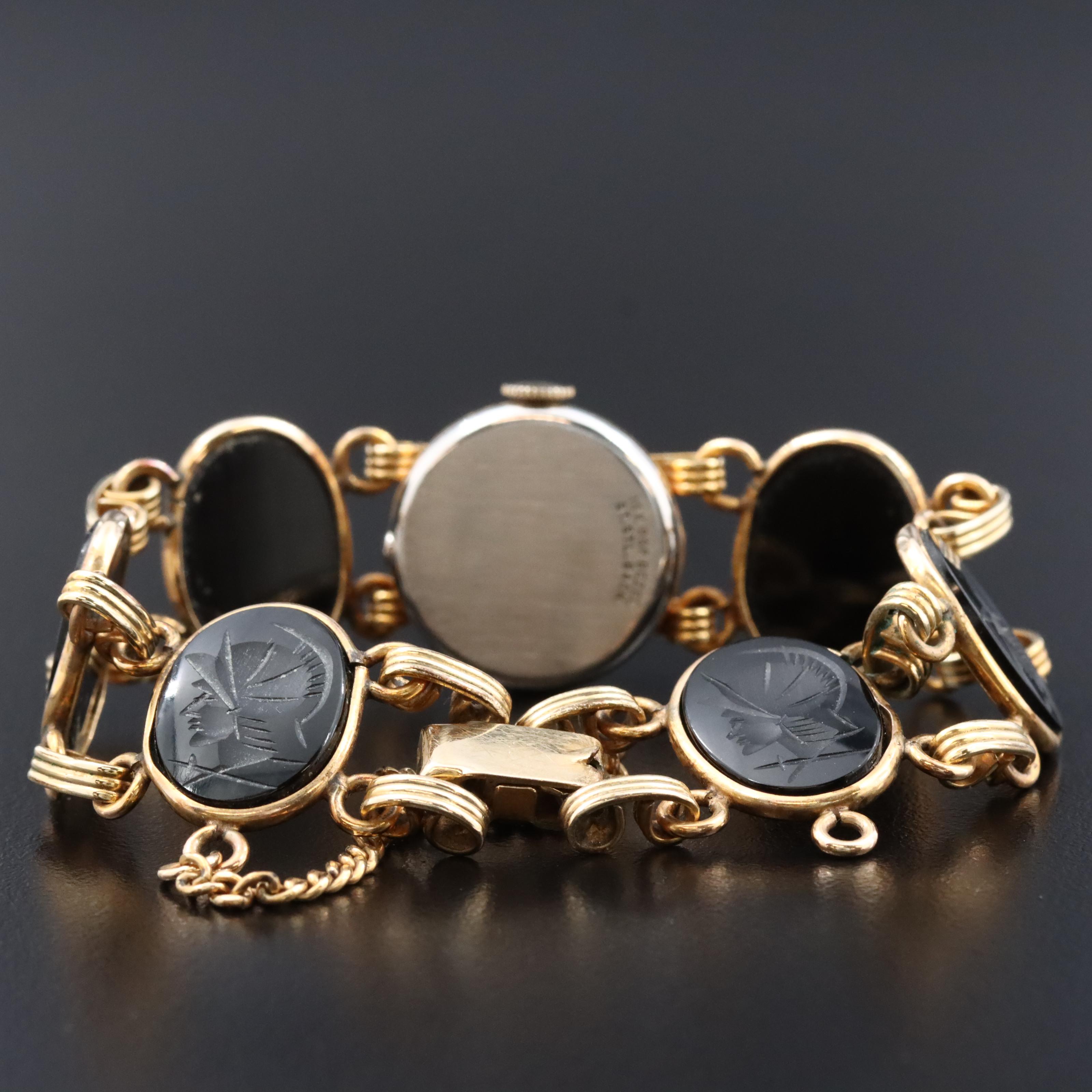 Pedre Gold Plate and Gold Filled Black Onyx Intaglio Roman Soldier Watch