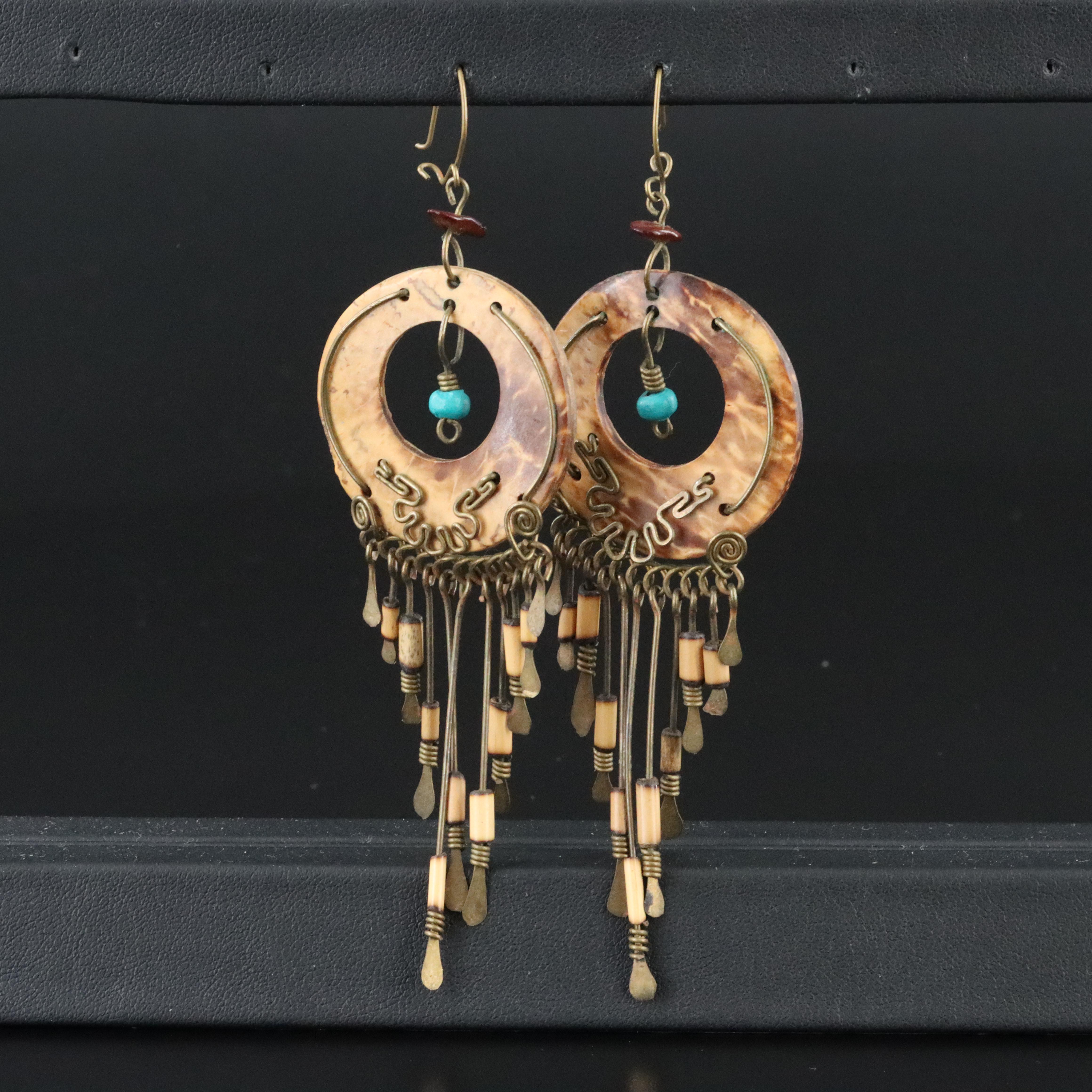 Wood and Faux Turquoise Tassel Earrings