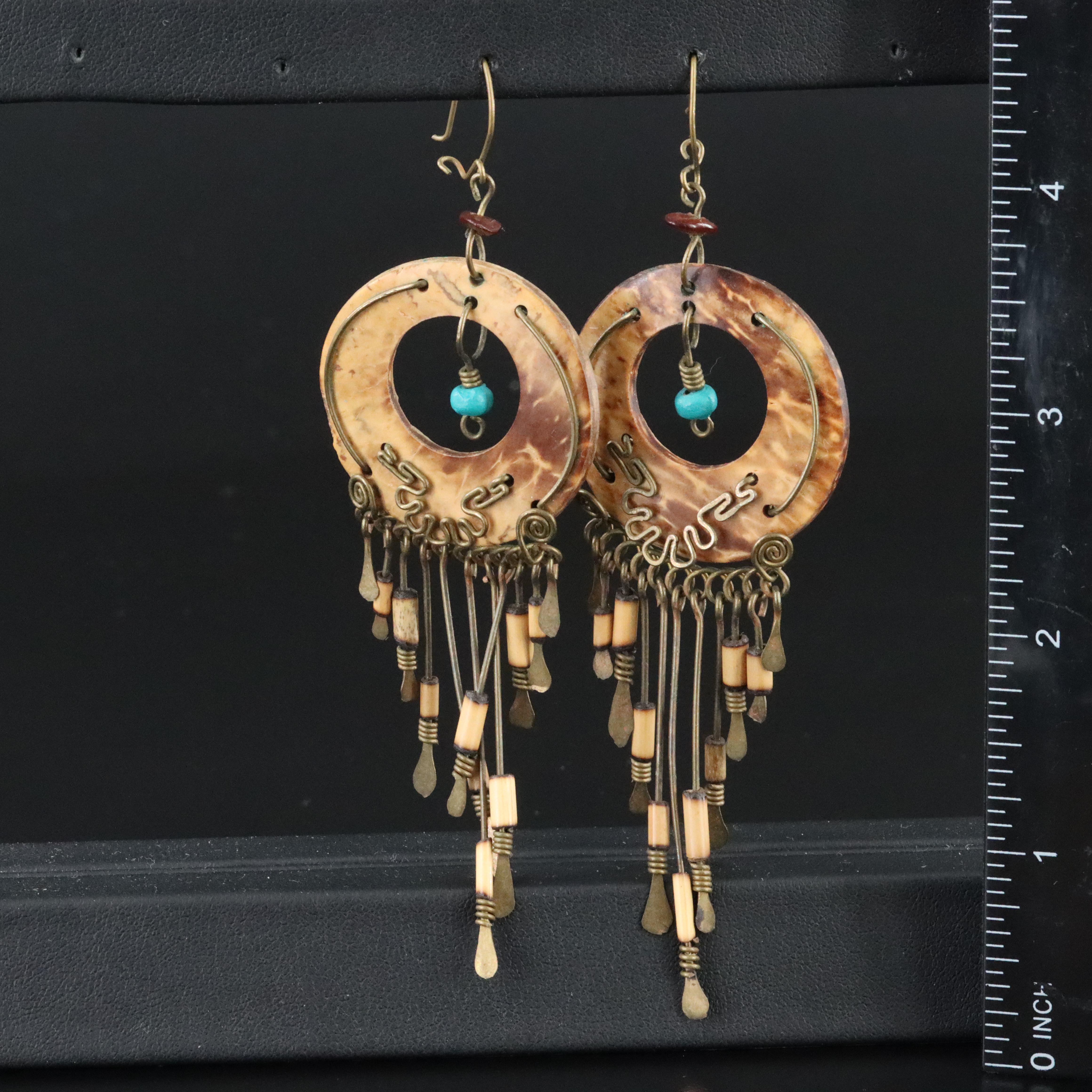 Wood and Faux Turquoise Tassel Earrings