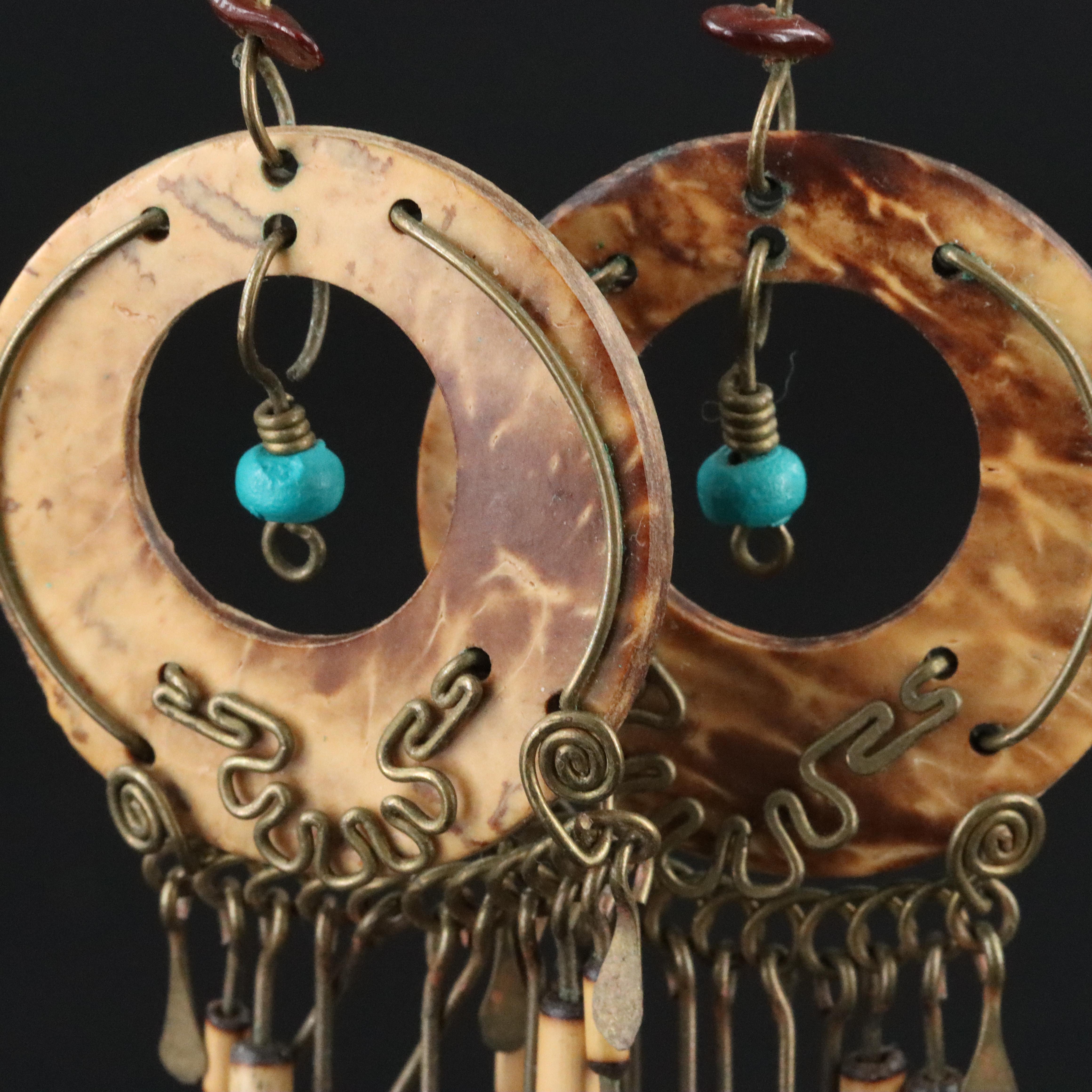 Wood and Faux Turquoise Tassel Earrings