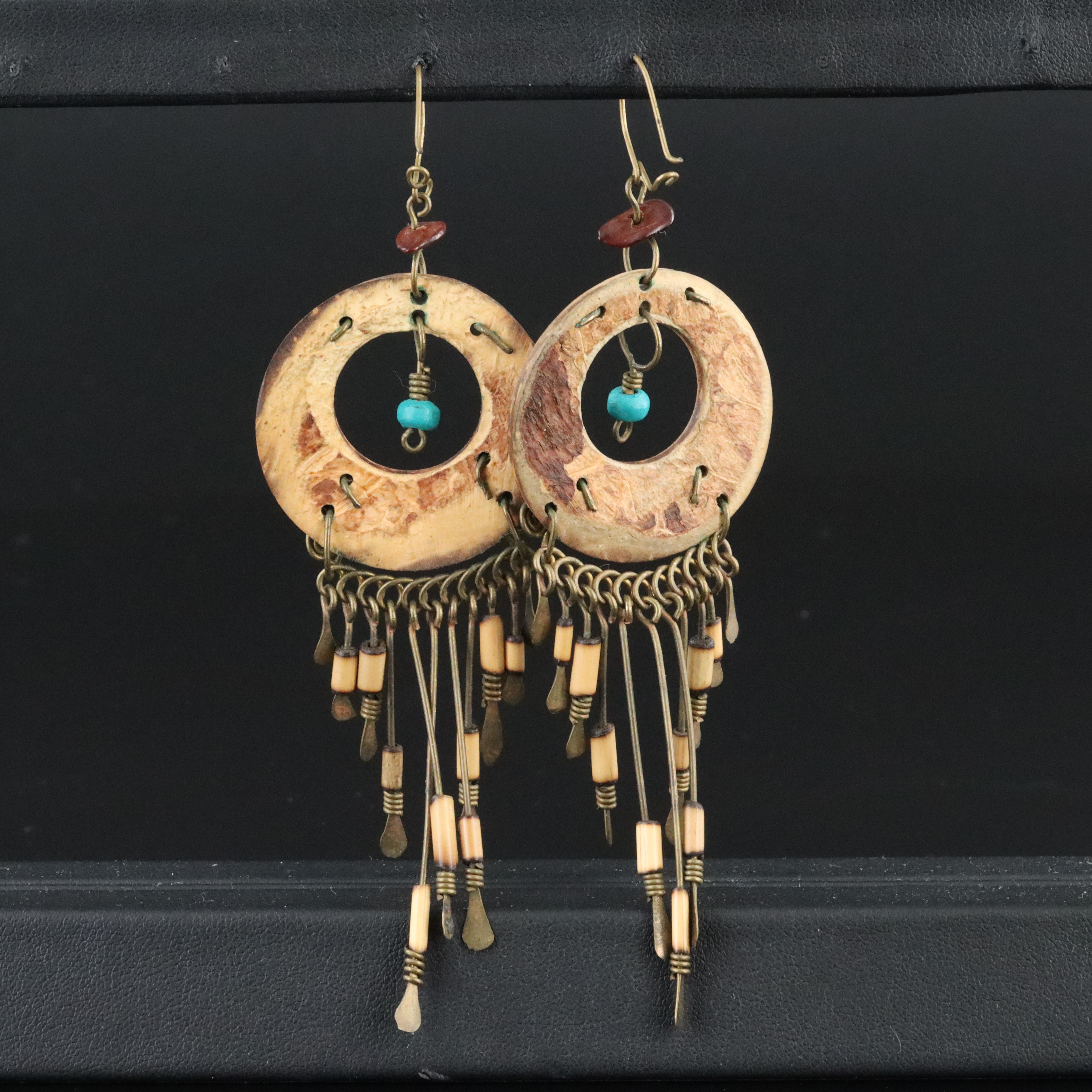 Wood and Faux Turquoise Tassel Earrings
