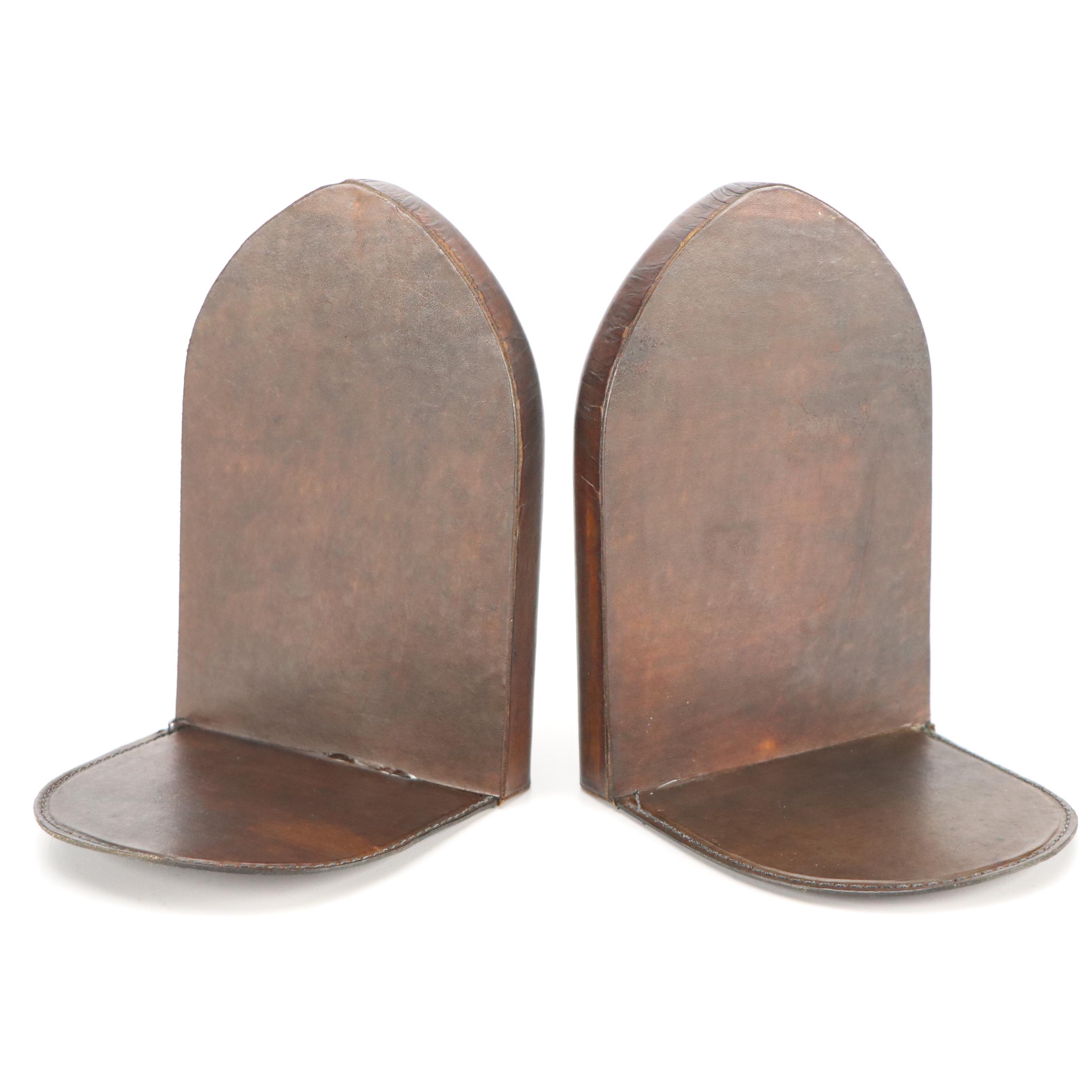 M.W. Barnes Leather Covered Bookends with Gilded Owl Decals