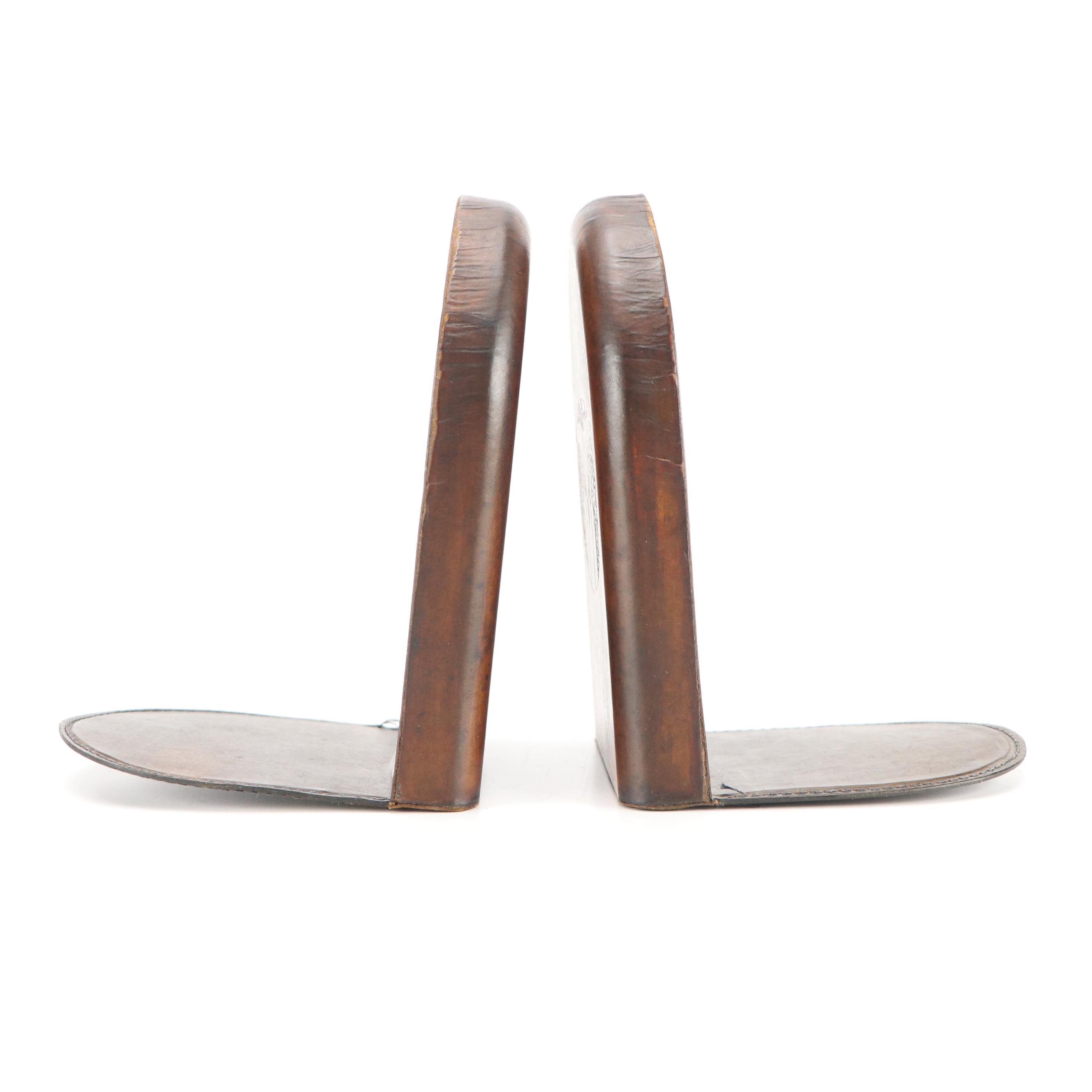 M.W. Barnes Leather Covered Bookends with Gilded Owl Decals