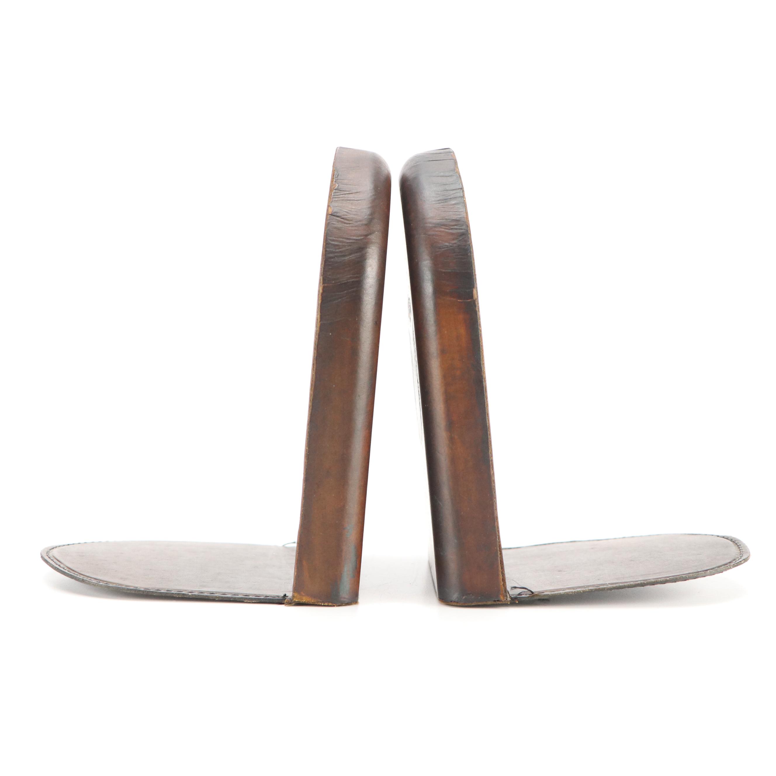M.W. Barnes Leather Covered Bookends with Gilded Owl Decals