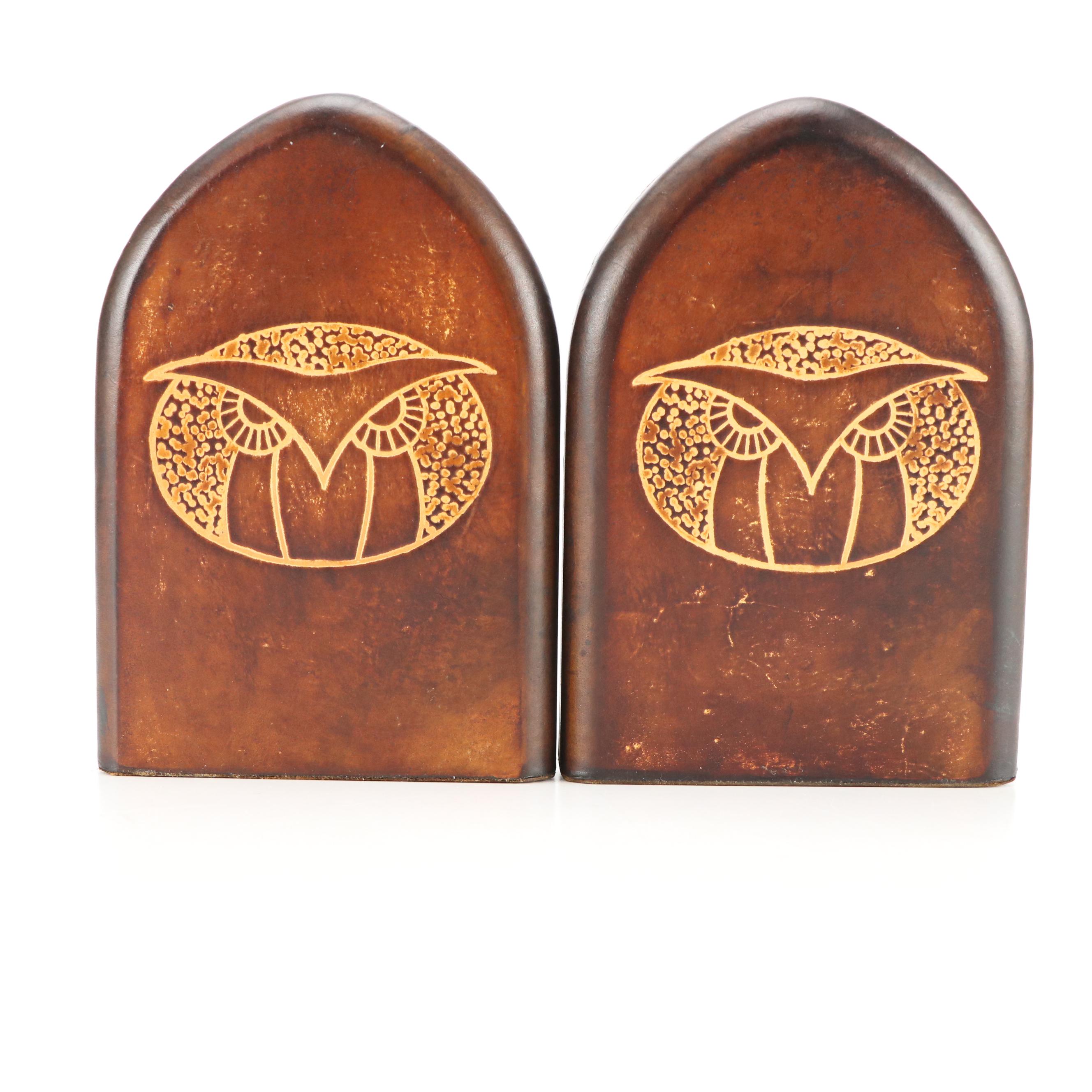 M.W. Barnes Leather Covered Bookends with Gilded Owl Decals