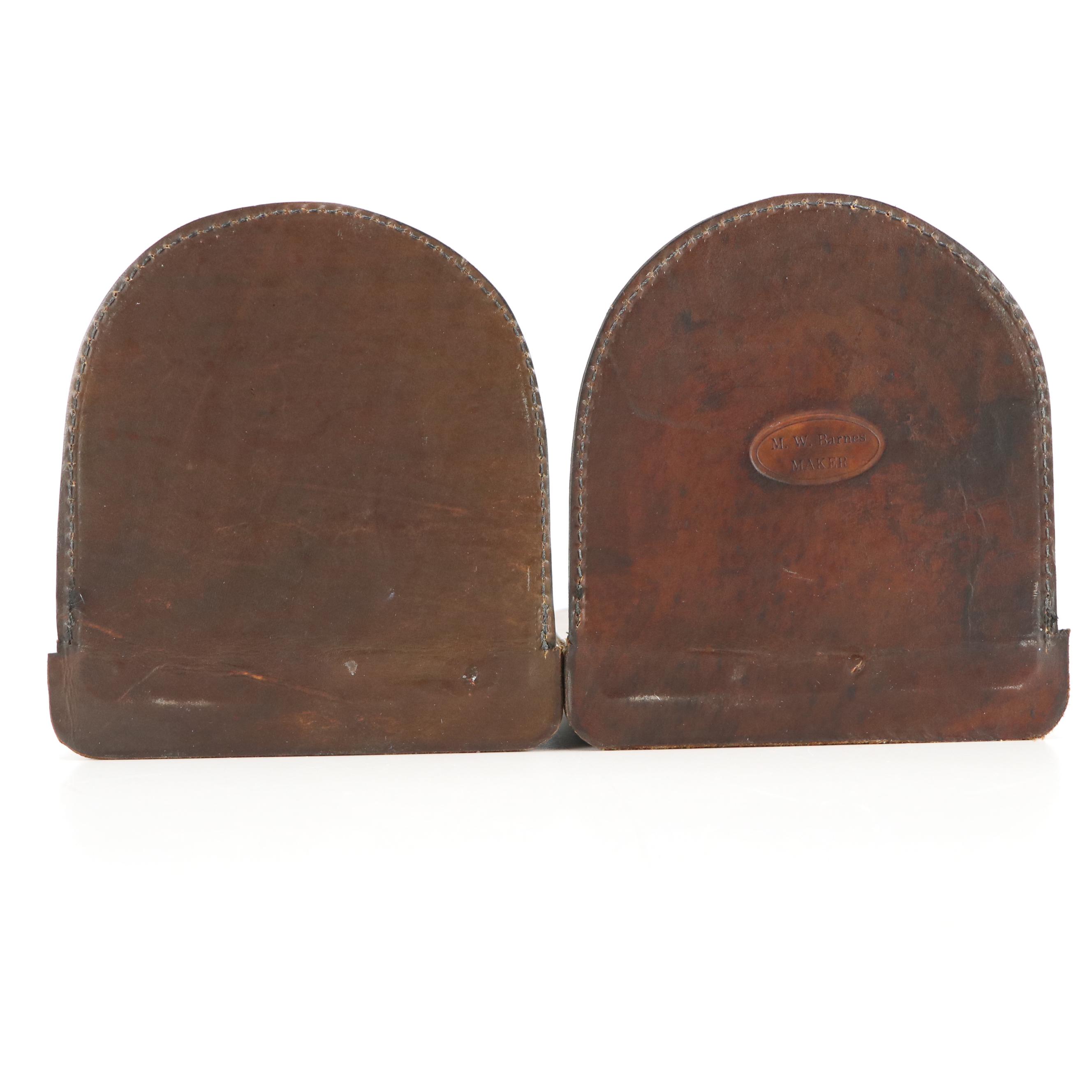 M.W. Barnes Leather Covered Bookends with Gilded Owl Decals