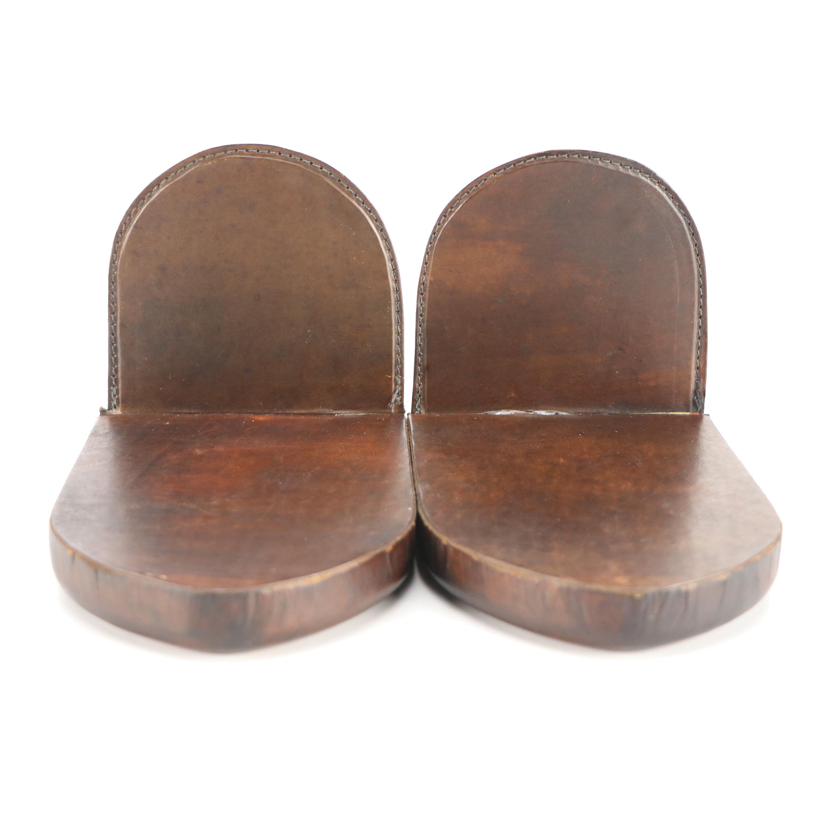 M.W. Barnes Leather Covered Bookends with Gilded Owl Decals