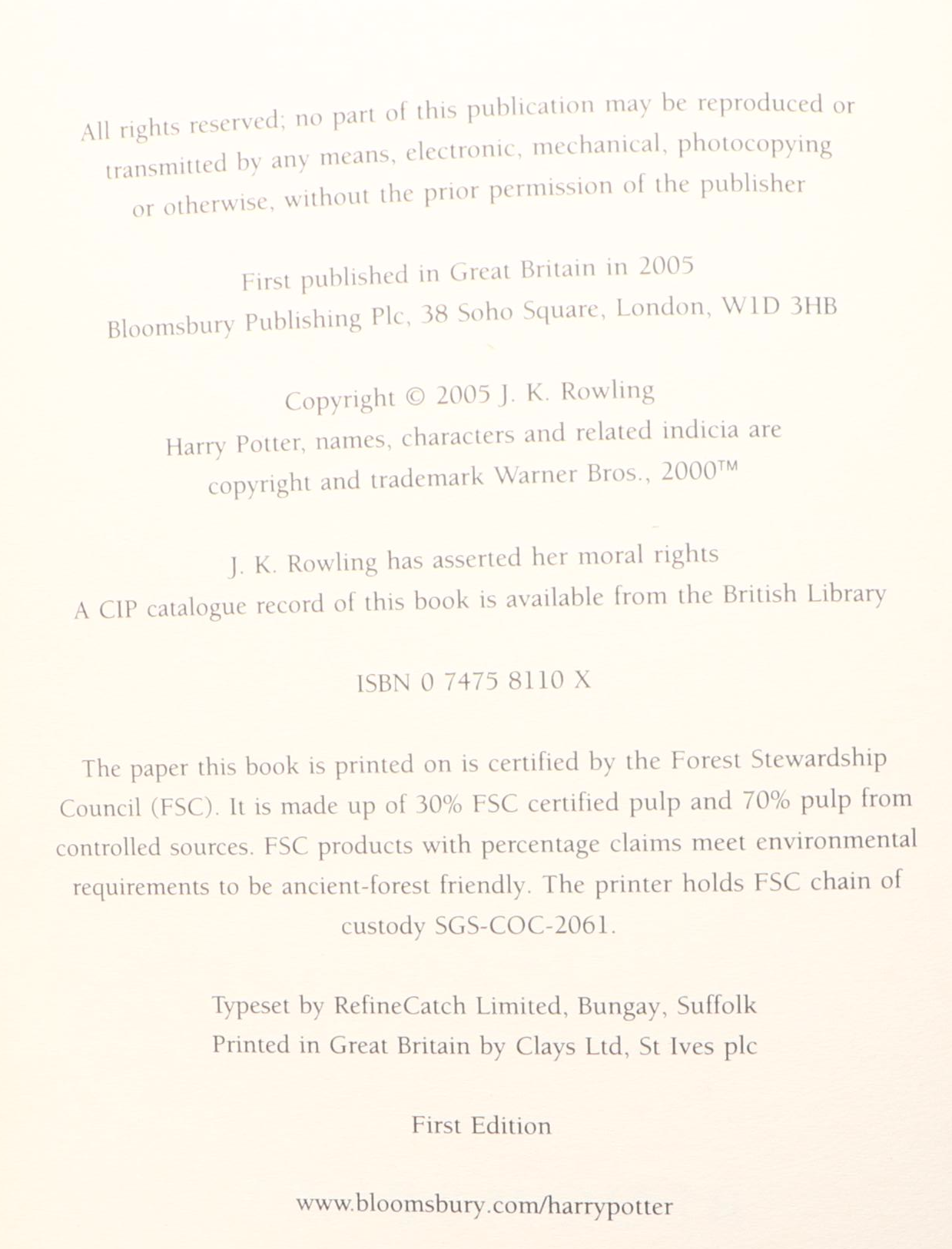 First UK Adult Edition "Harry Potter and the Half-Blood Prince" by J. K. Rowling