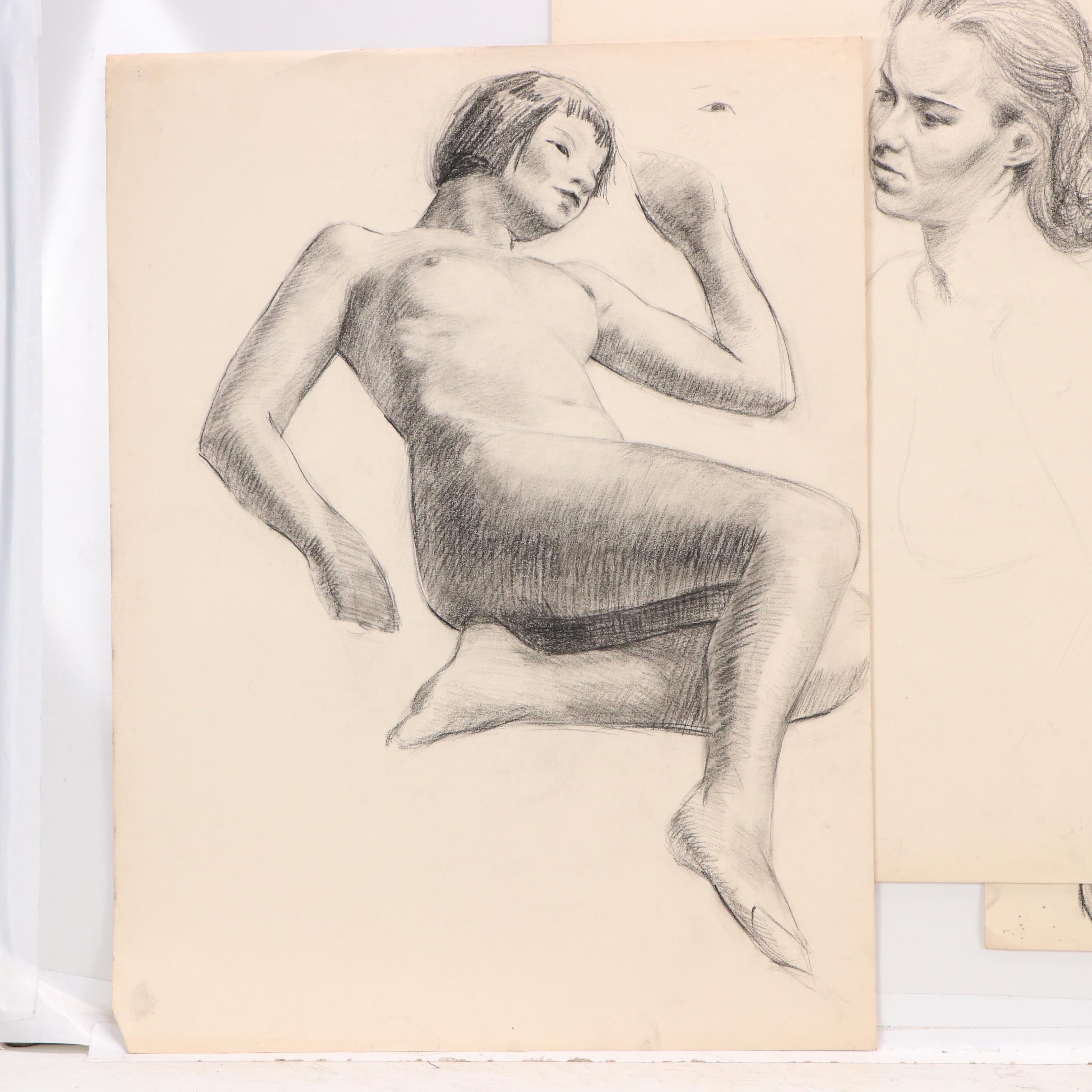 Collection of Figural and Portrait Charcoal Drawings, 20th Century