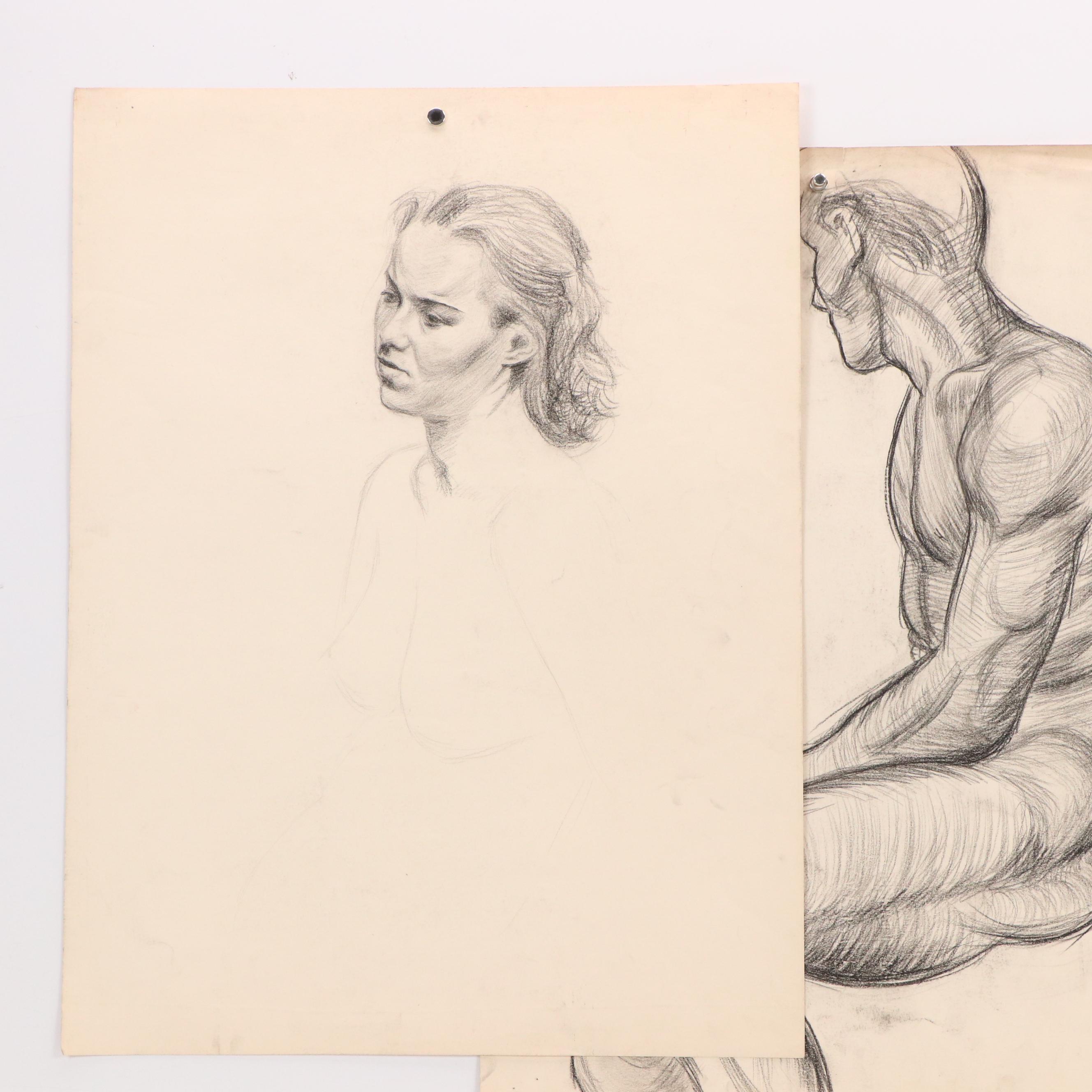 Collection of Figural and Portrait Charcoal Drawings, 20th Century