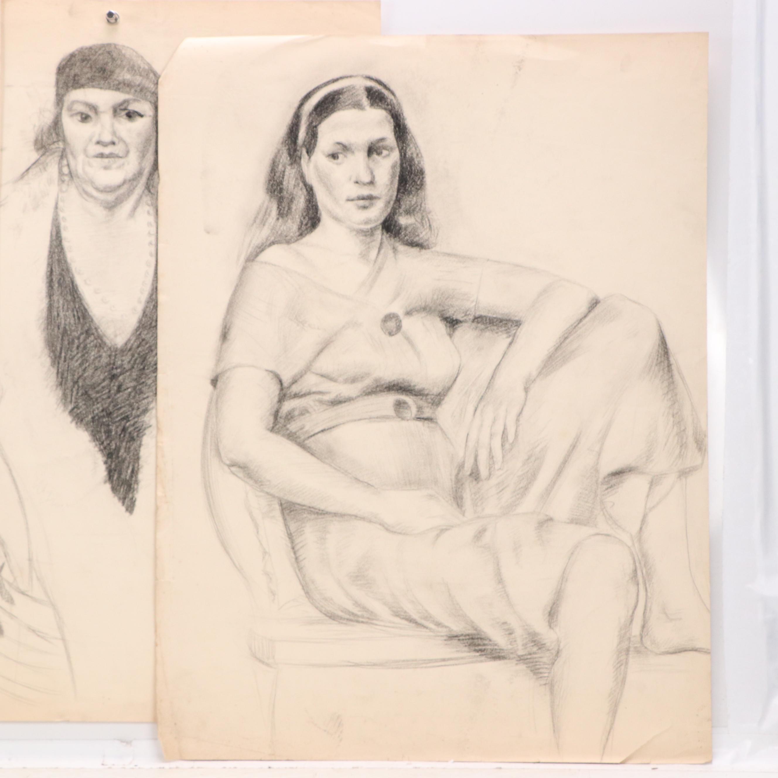 Collection of Figural and Portrait Charcoal Drawings, 20th Century
