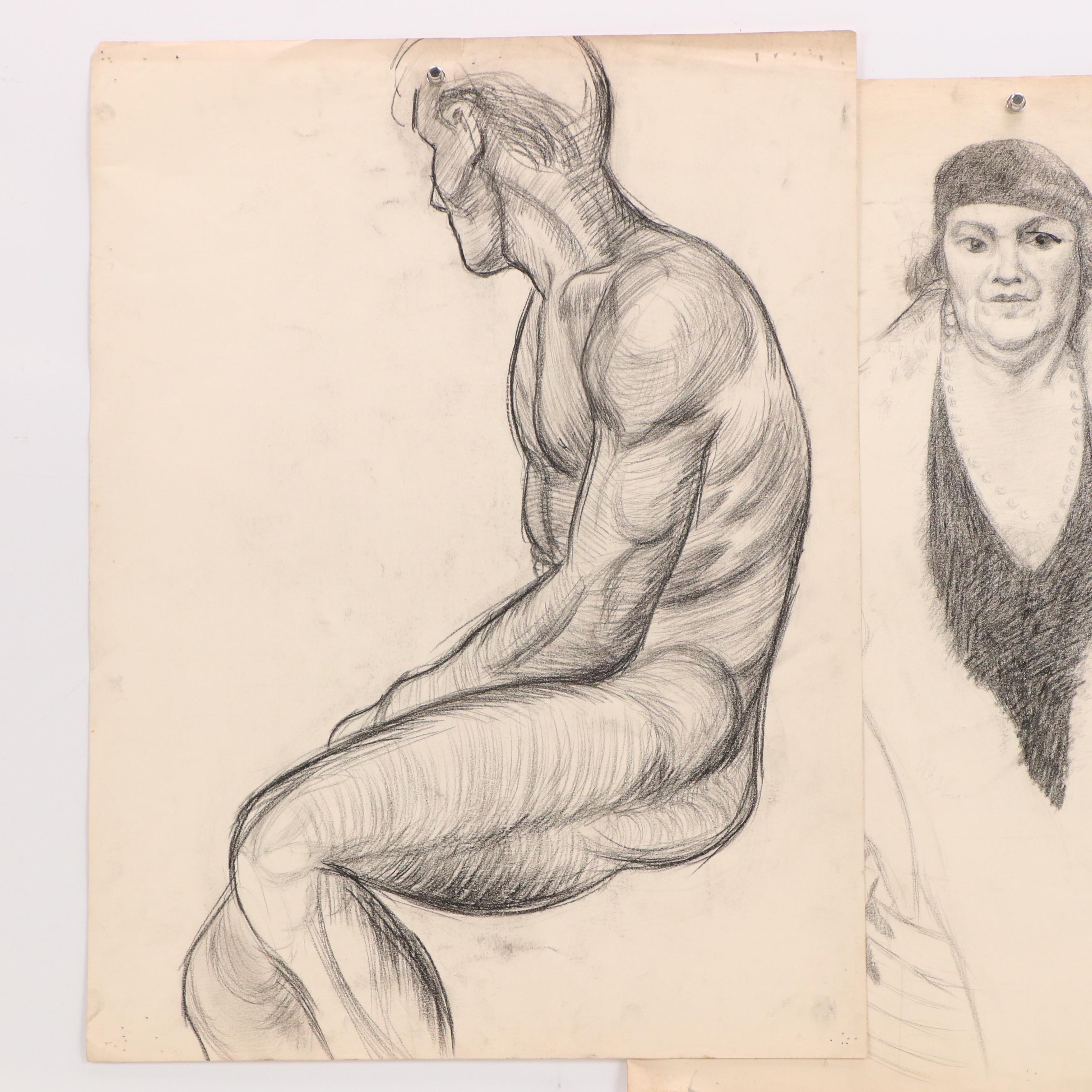 Collection of Figural and Portrait Charcoal Drawings, 20th Century