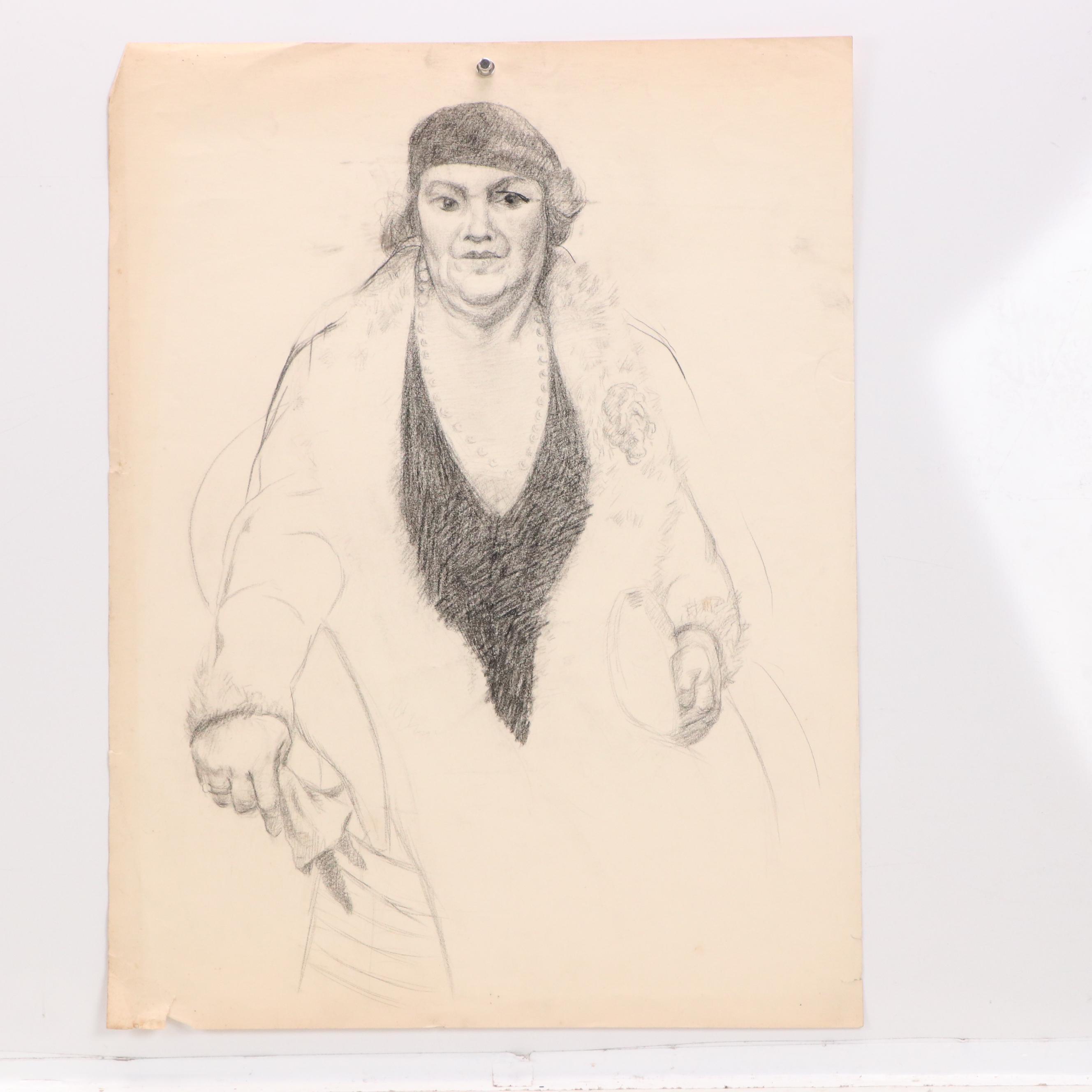 Collection of Figural and Portrait Charcoal Drawings, 20th Century