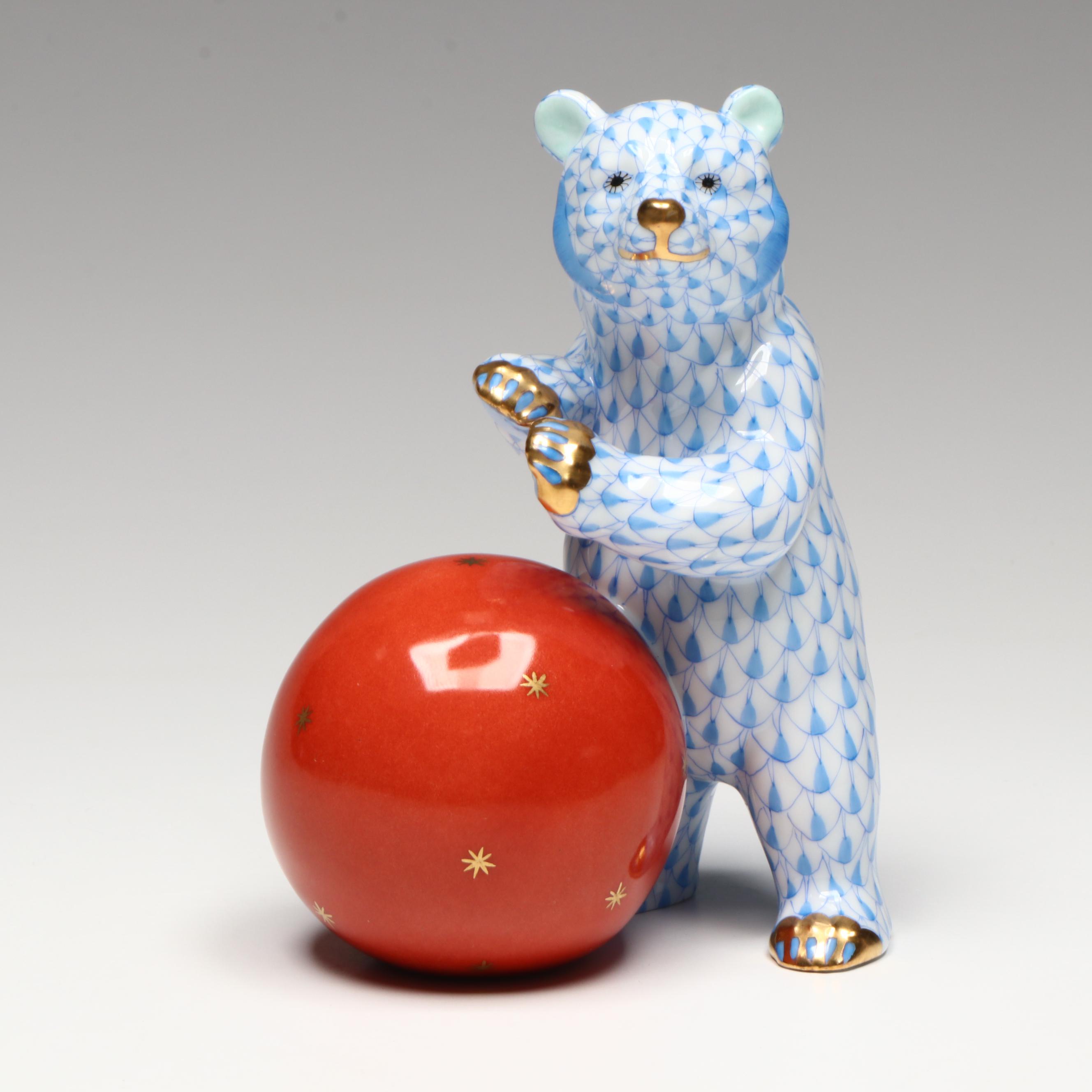 Herend Blue Fishnet with Gold "Bear with Ball" Porcelain Figurine