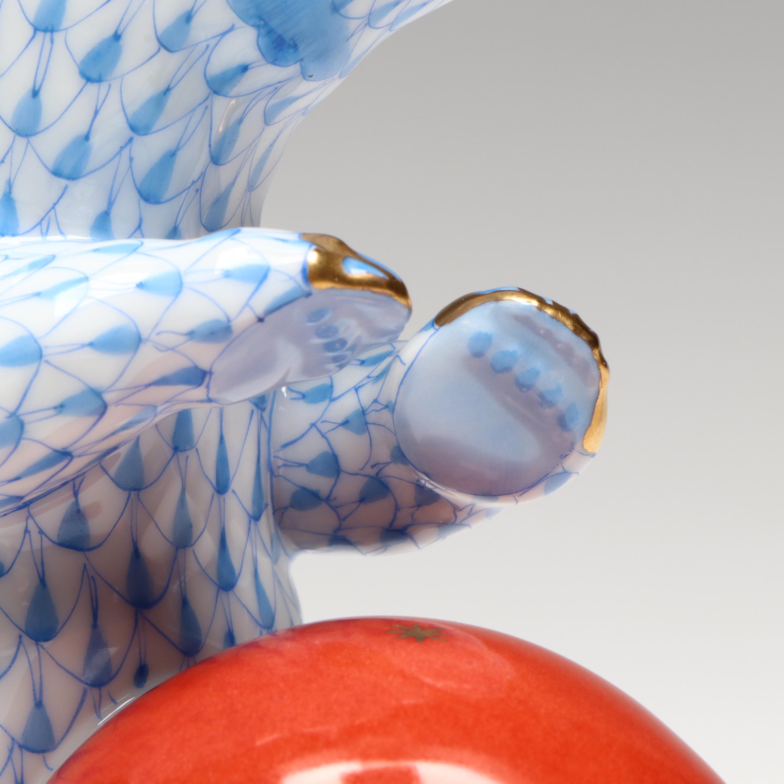 Herend Blue Fishnet with Gold "Bear with Ball" Porcelain Figurine