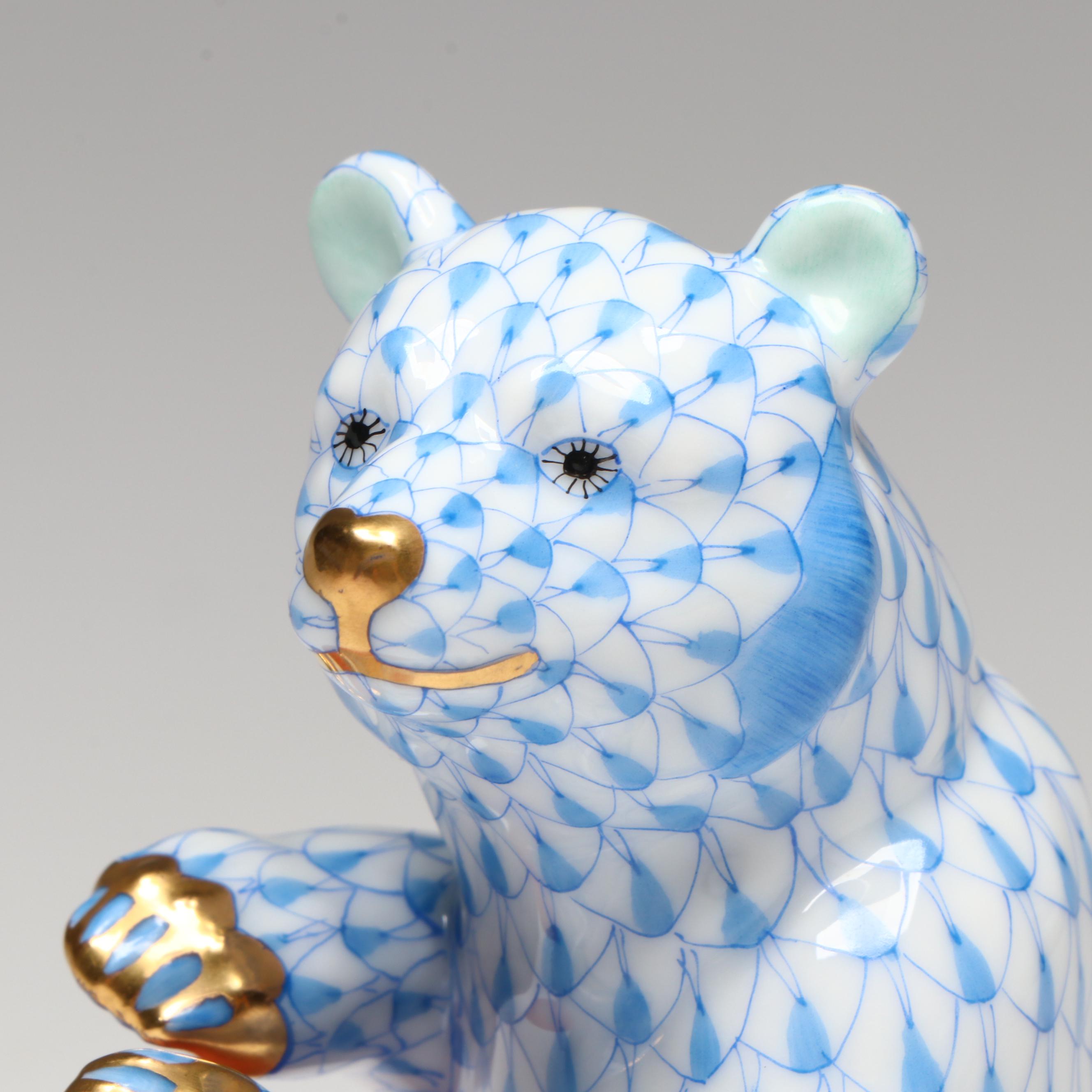 Herend Blue Fishnet with Gold "Bear with Ball" Porcelain Figurine