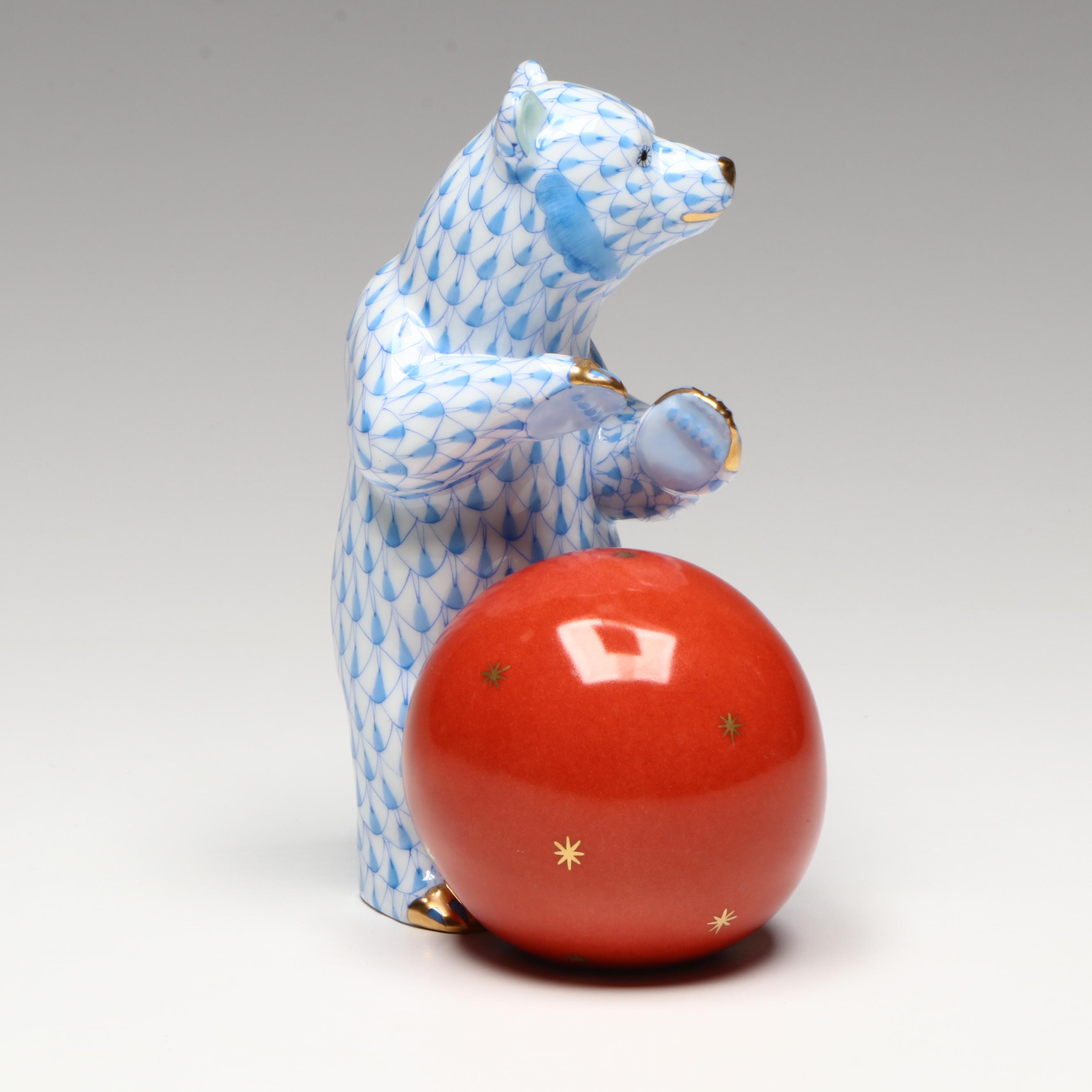 Herend Blue Fishnet with Gold "Bear with Ball" Porcelain Figurine