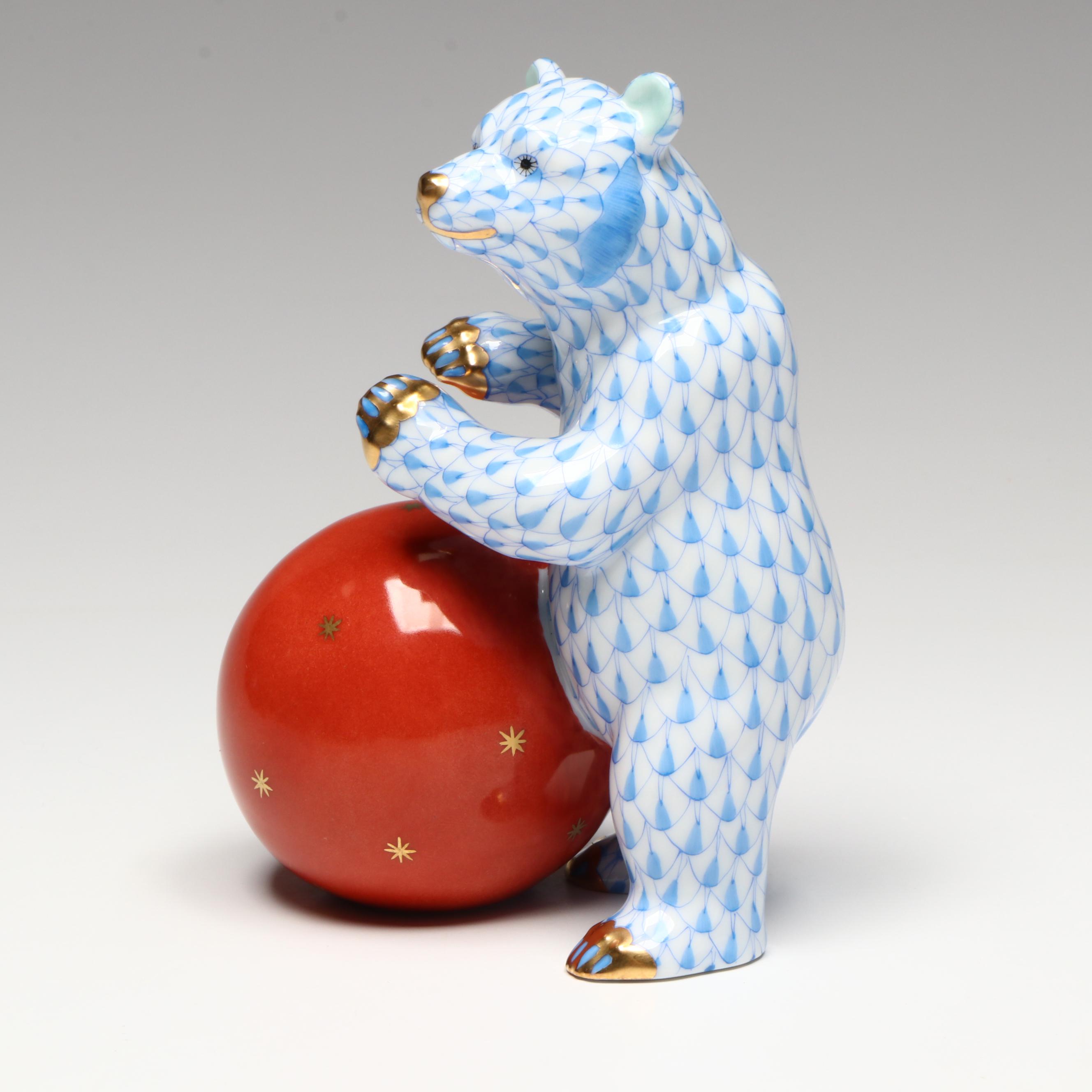 Herend Blue Fishnet with Gold "Bear with Ball" Porcelain Figurine